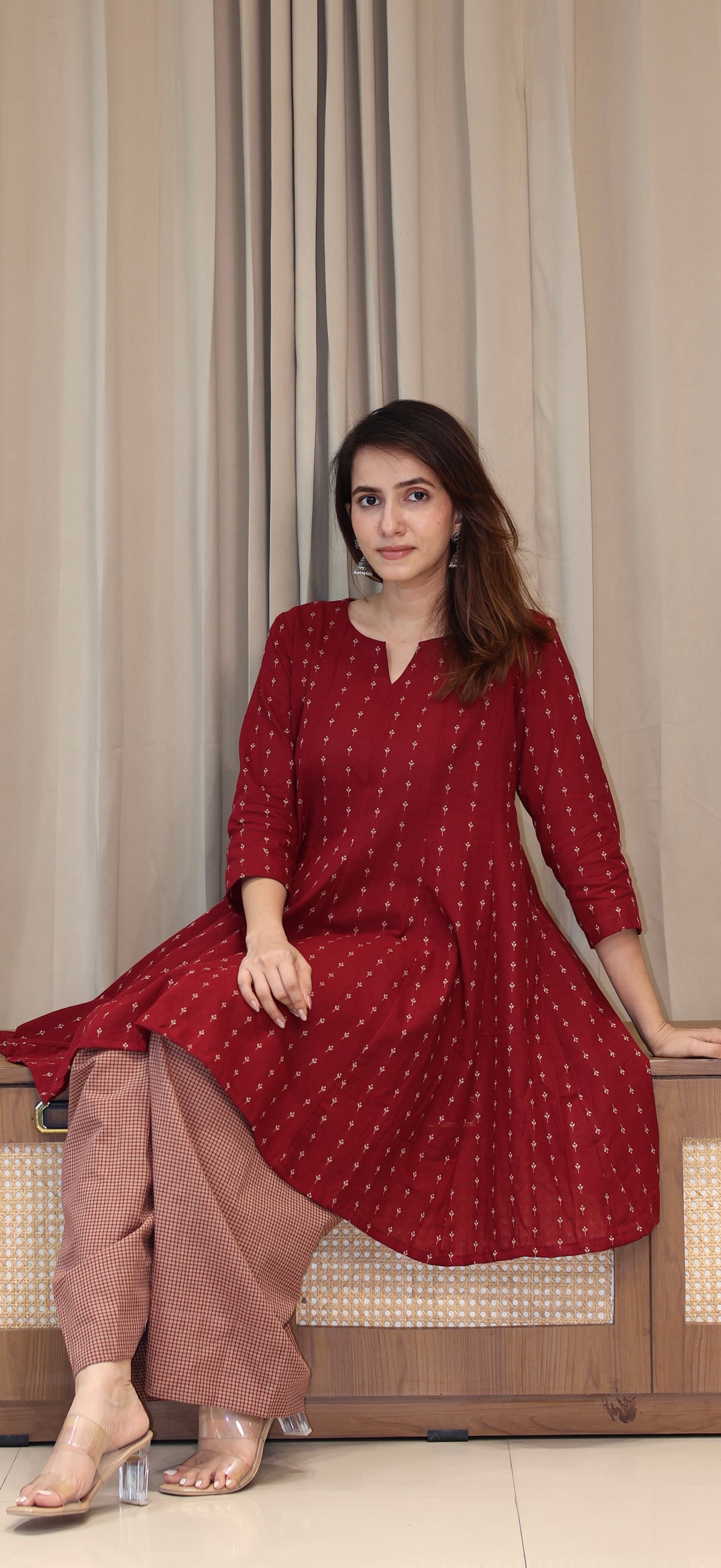 Maroon/Beige Butti Handwoven Cotton Kali Kurta With Checkered Farsi Bottom