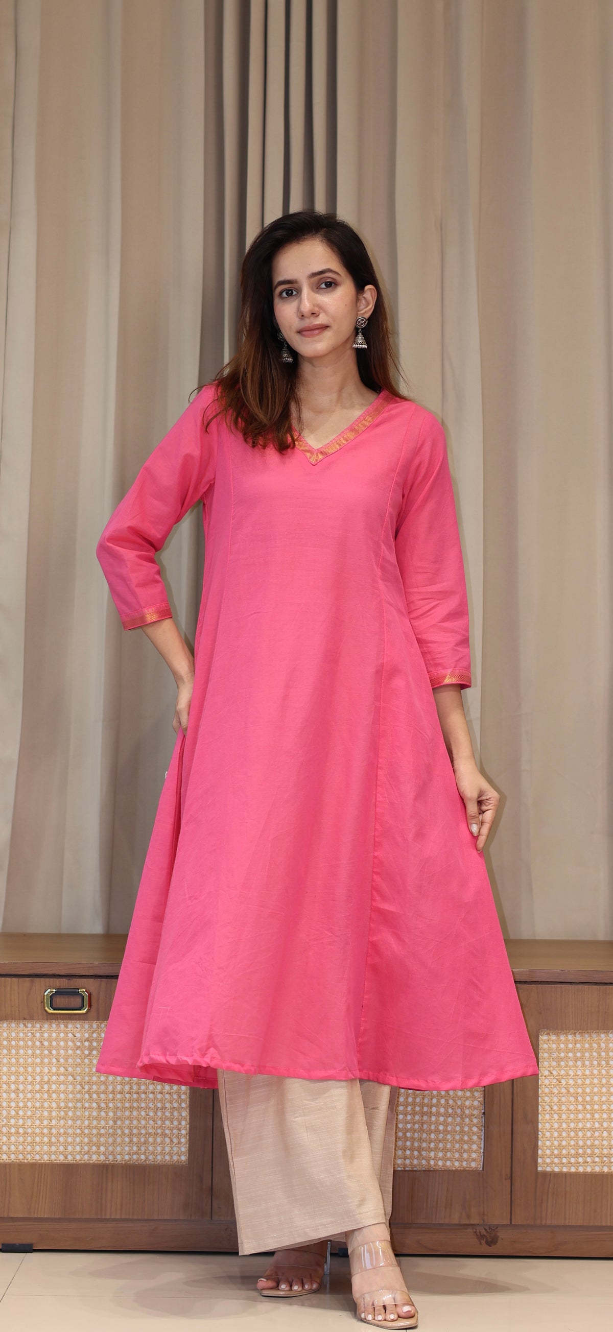 Tithya Mangalgiri Cotton Kali Kurta With Nizam Border - Rose Pink