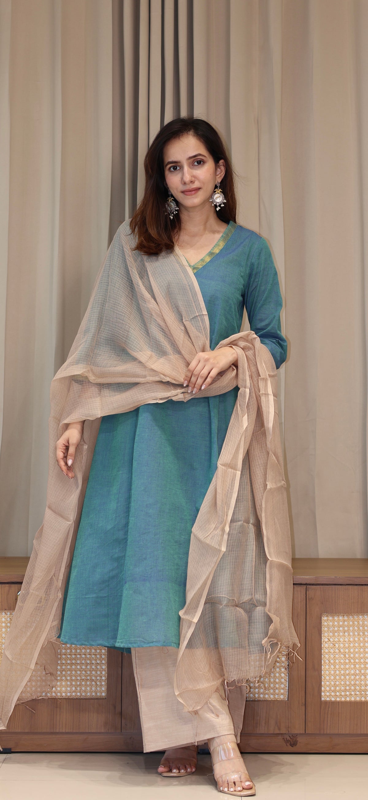 Shobha Mangalgiri Cotton Kali Kurta With Nizam Border - Blue