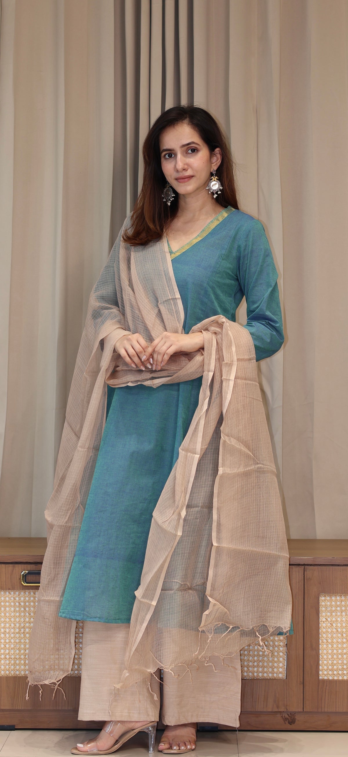 Shobha Mangalgiri Cotton Kali Kurta With Nizam Border - Blue