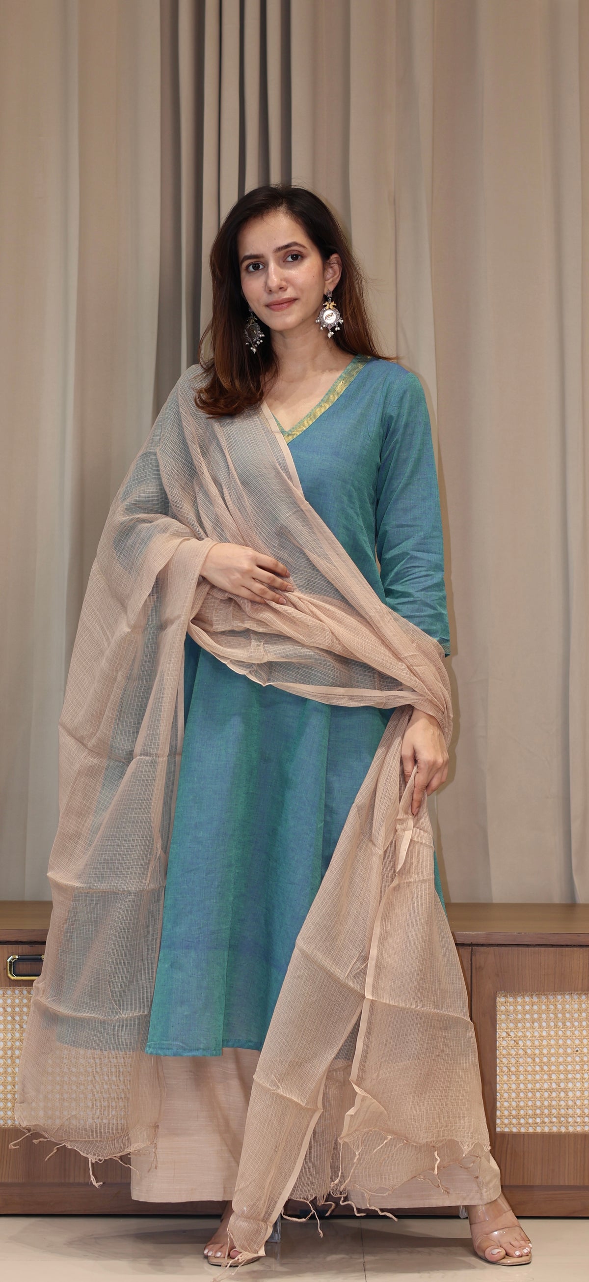Shobha Mangalgiri Cotton Kali Kurta With Nizam Border - Blue