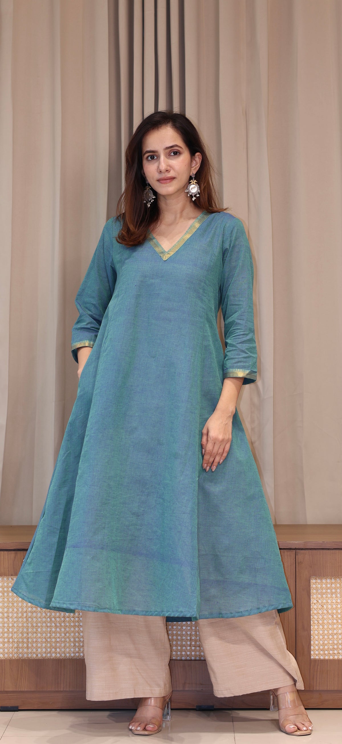 Shobha Mangalgiri Cotton Kali Kurta With Nizam Border - Blue