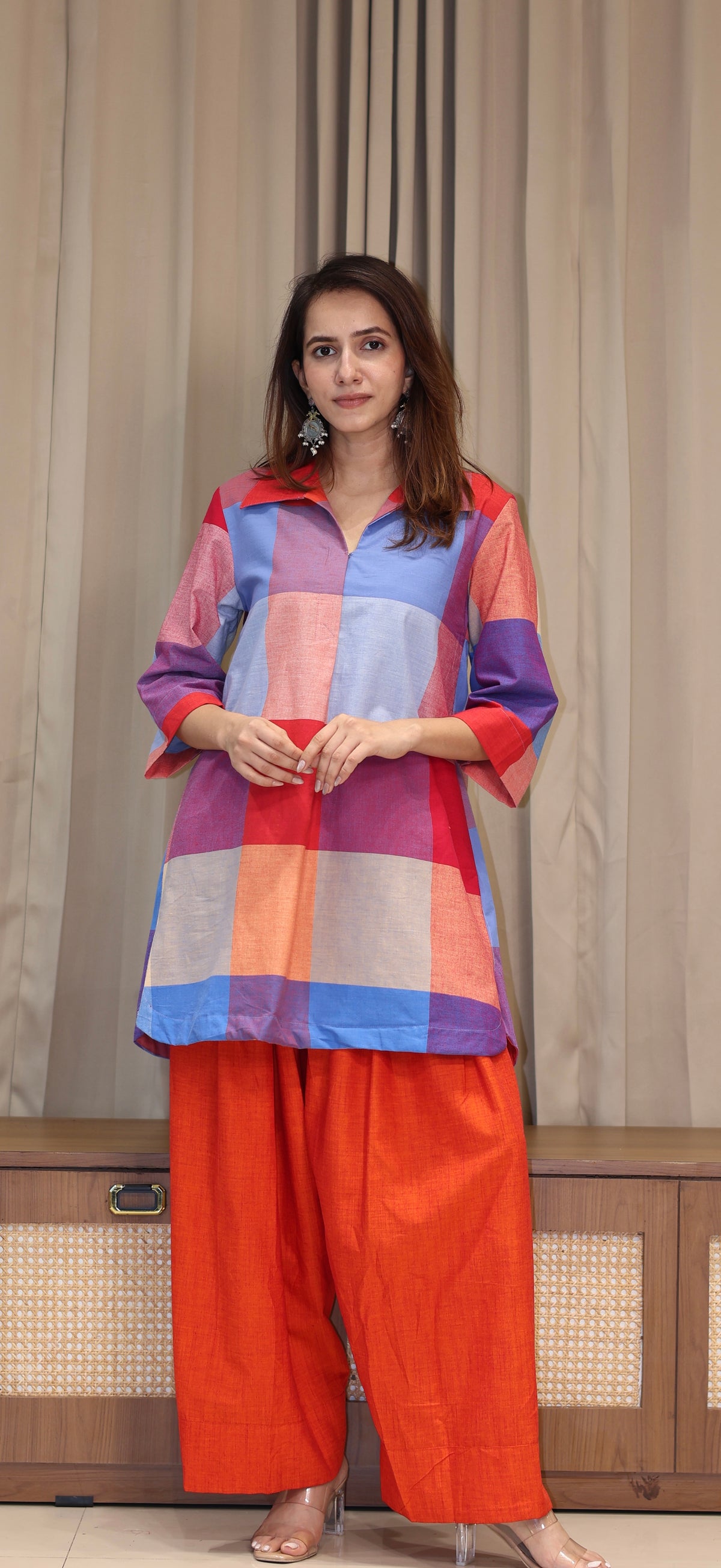 Stuti Madras Checks Handwoven Cotton Kurta Set - Multi Colour/Orange
