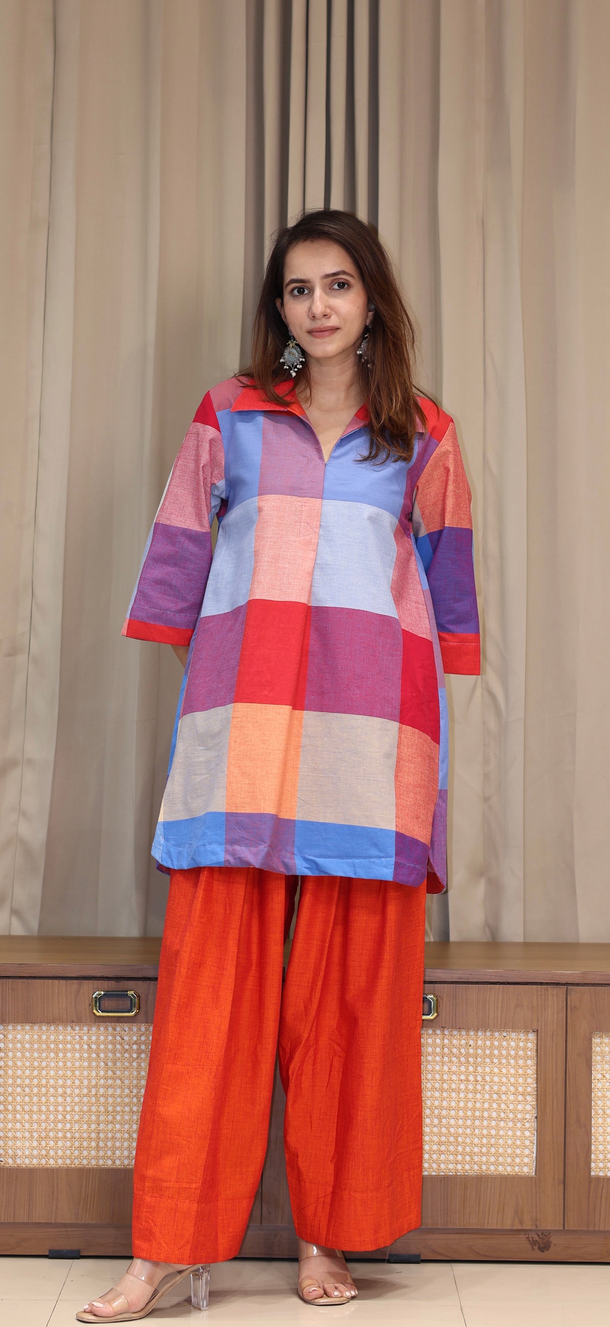 Stuti Madras Checks Handwoven Cotton Kurta Set - Multi Colour/Orange