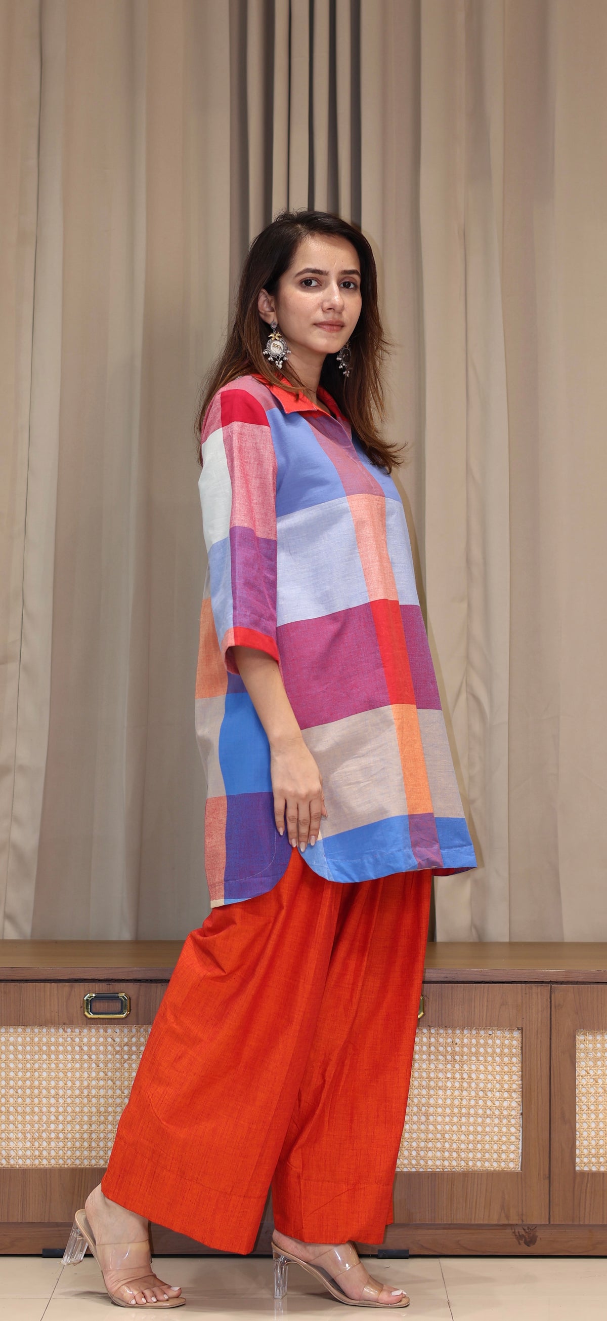 Stuti Madras Checks Handwoven Cotton Kurta Set - Multi Colour/Orange