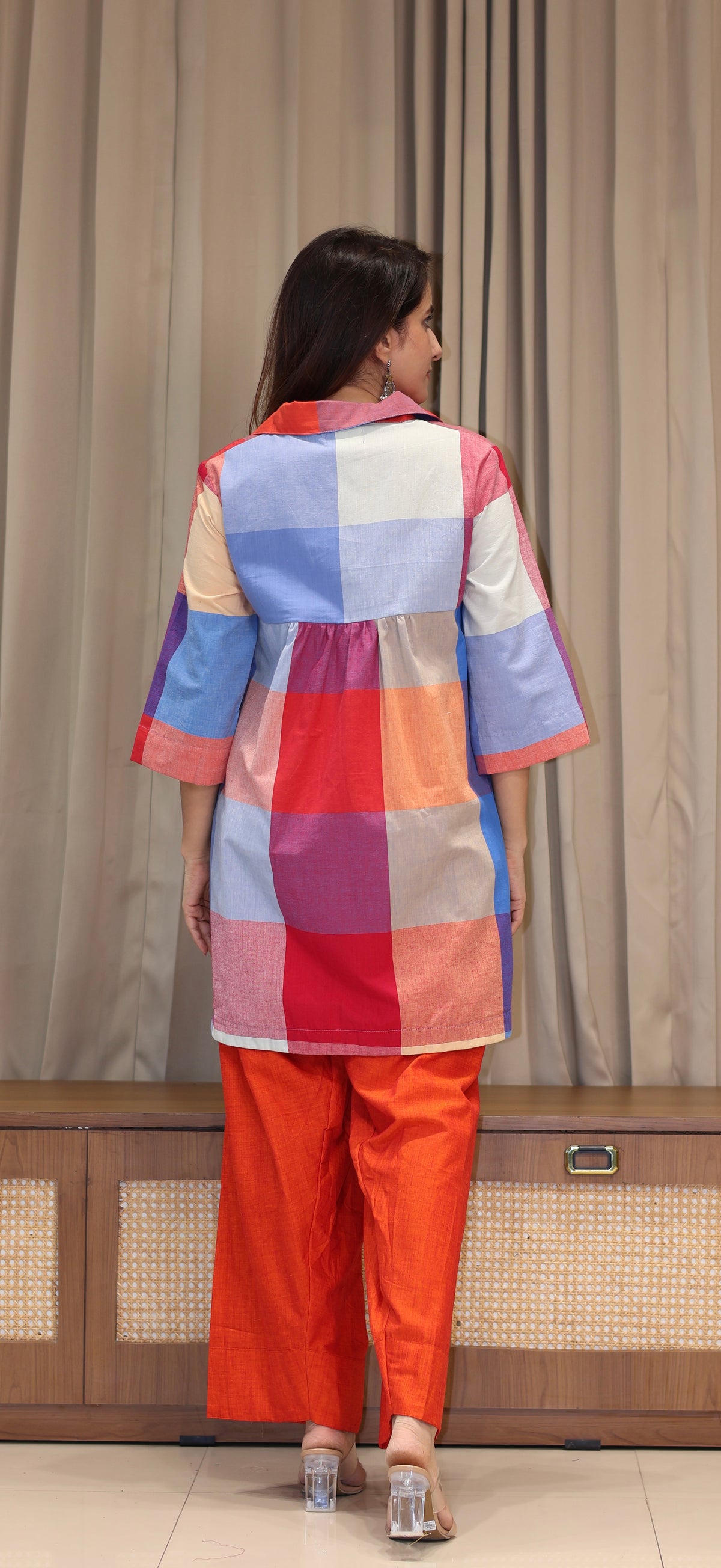 Stuti Madras Checks Handwoven Cotton Kurta Set - Multi Colour/Orange