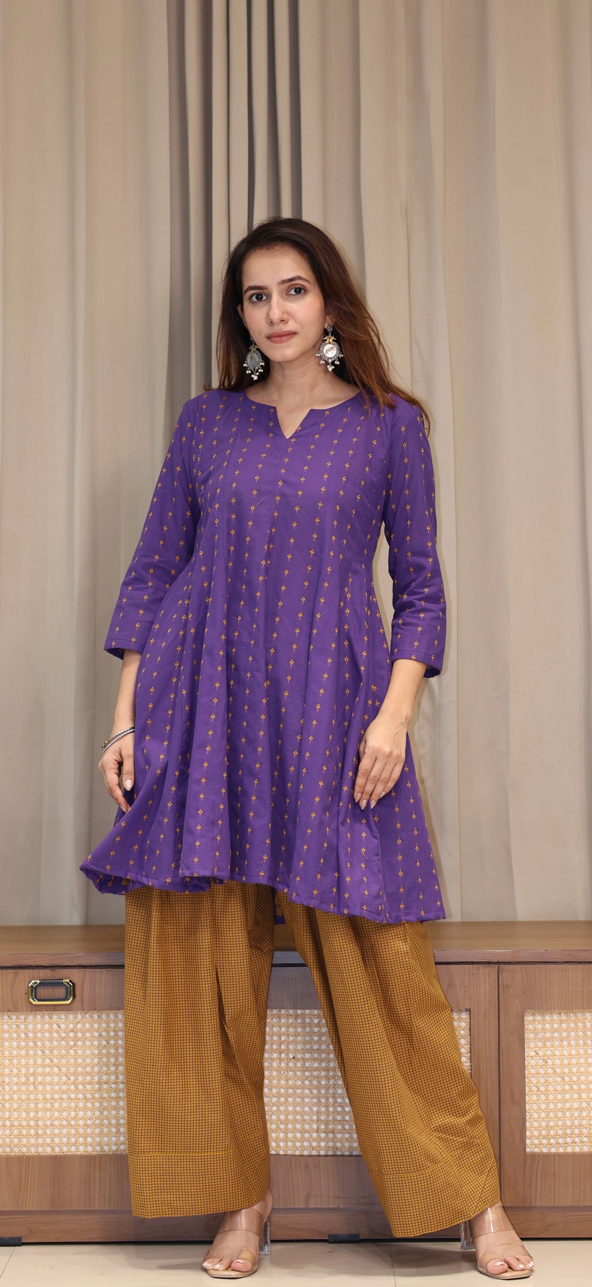 Purple/Yellow Butti Handwoven Cotton Kali Kurta With Checkered Farsi Bottom