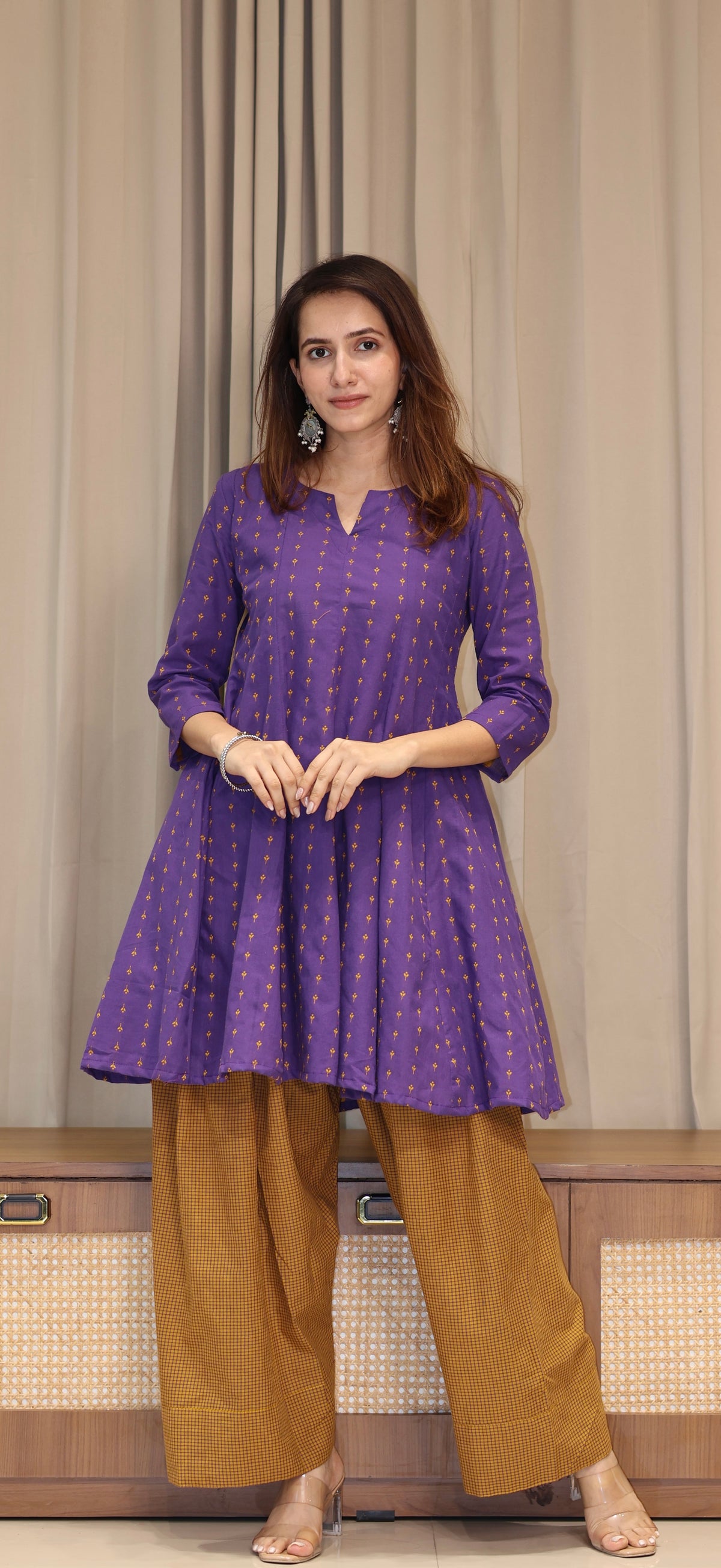 Purple/Yellow Butti Handwoven Cotton Kali Kurta With Checkered Farsi Bottom