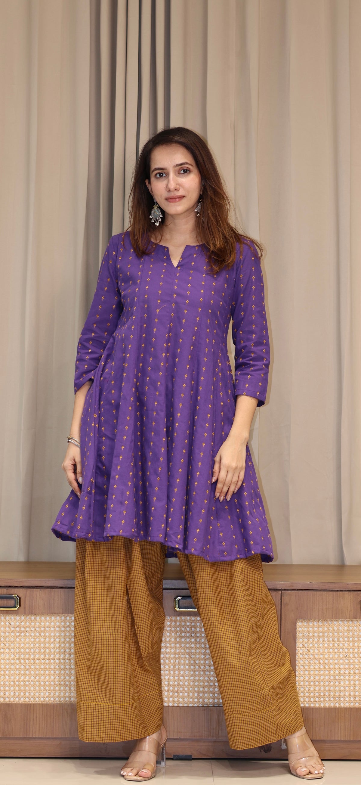 Purple/Yellow Butti Handwoven Cotton Kali Kurta With Checkered Farsi Bottom