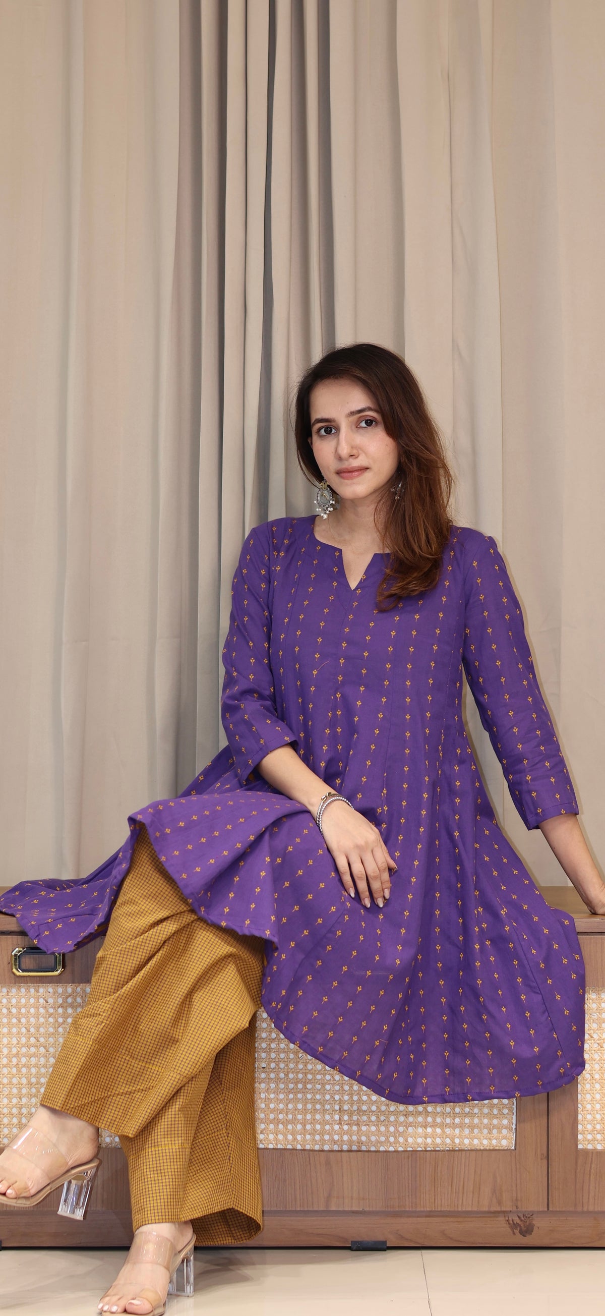 Purple/Yellow Butti Handwoven Cotton Kali Kurta With Checkered Farsi Bottom