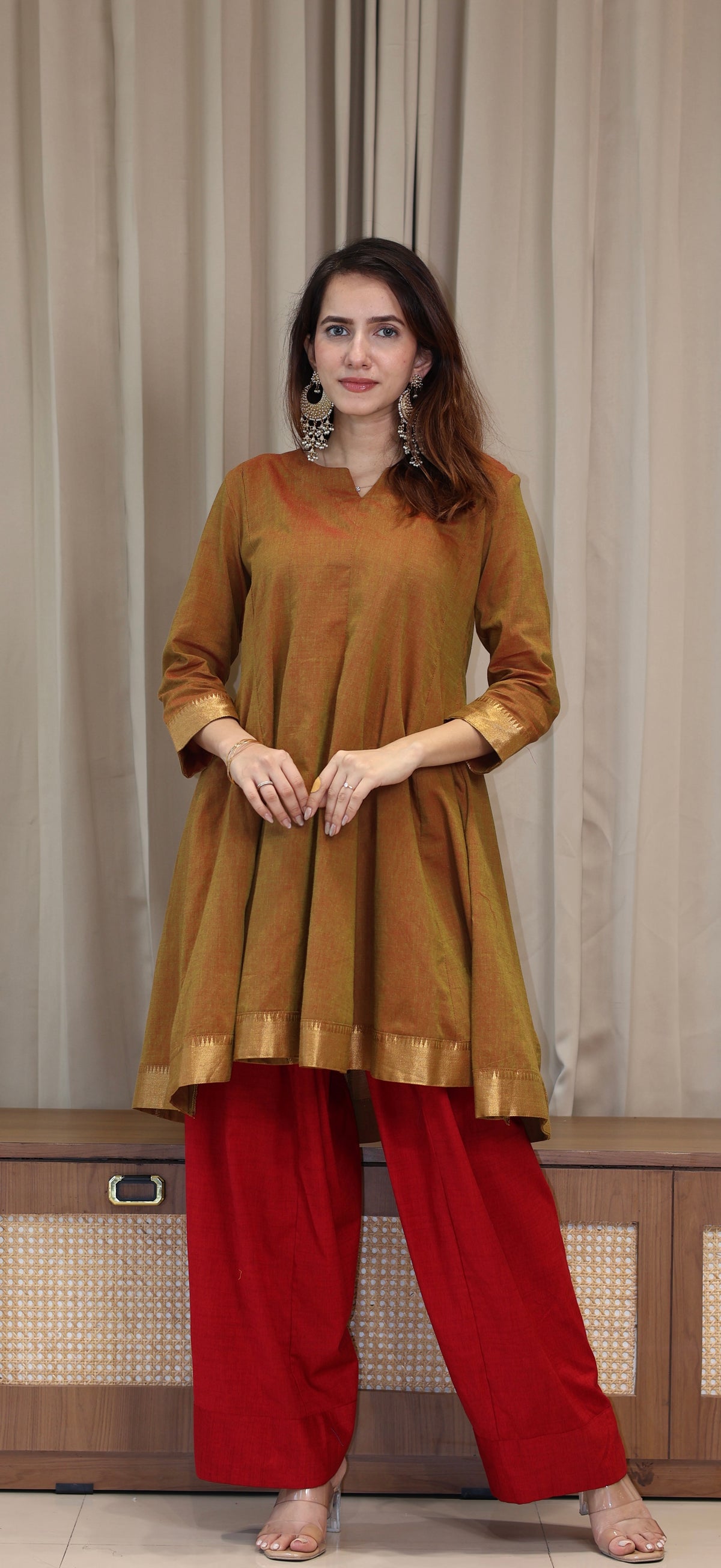 Esha Mangalgiri Cotton Kali Kurta Set With Nizam Border - Olive Bronze