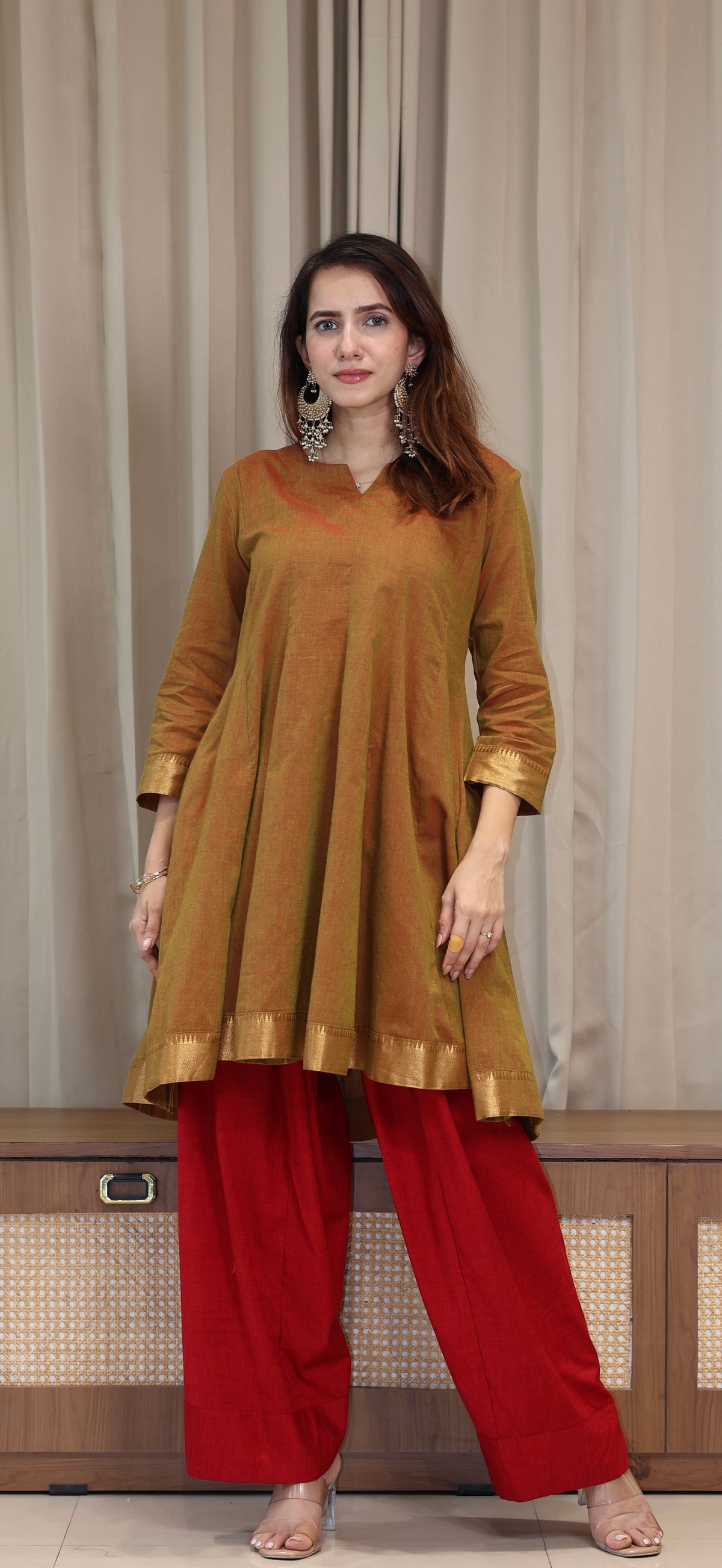 Esha Mangalgiri Cotton Kali Kurta Set With Nizam Border - Olive Bronze