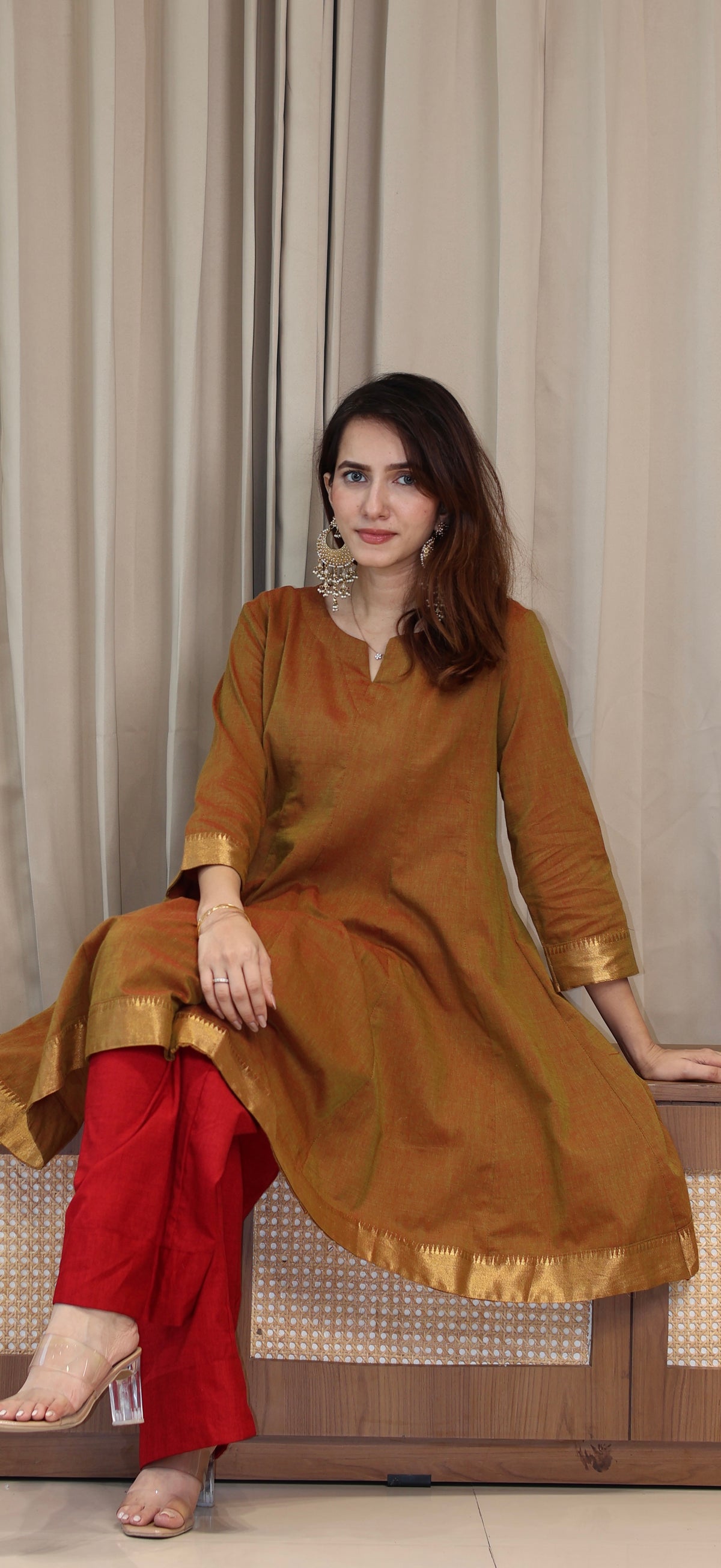 Esha Mangalgiri Cotton Kali Kurta Set With Nizam Border - Olive Bronze