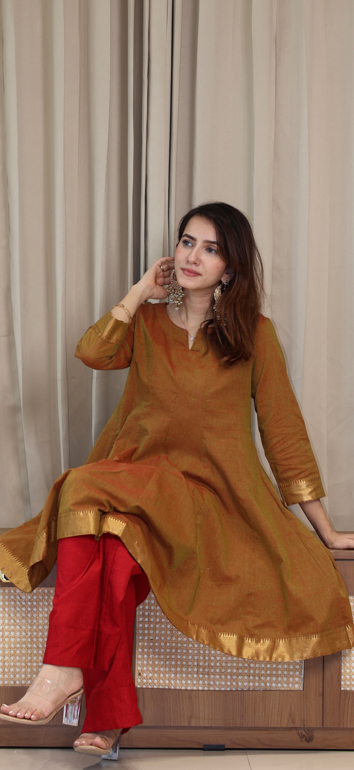 Esha Mangalgiri Cotton Kali Kurta Set With Nizam Border - Olive Bronze