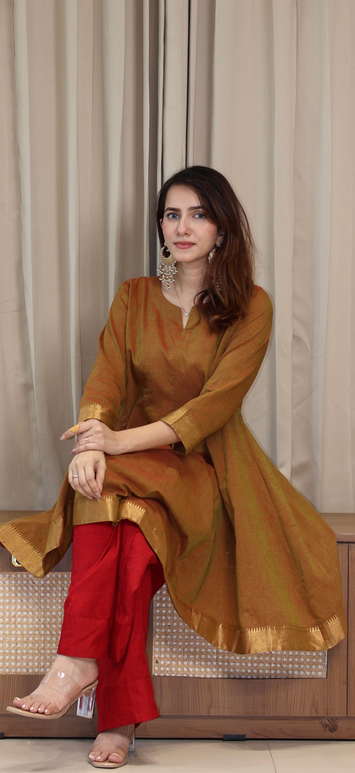 Esha Mangalgiri Cotton Kali Kurta Set With Nizam Border - Olive Bronze