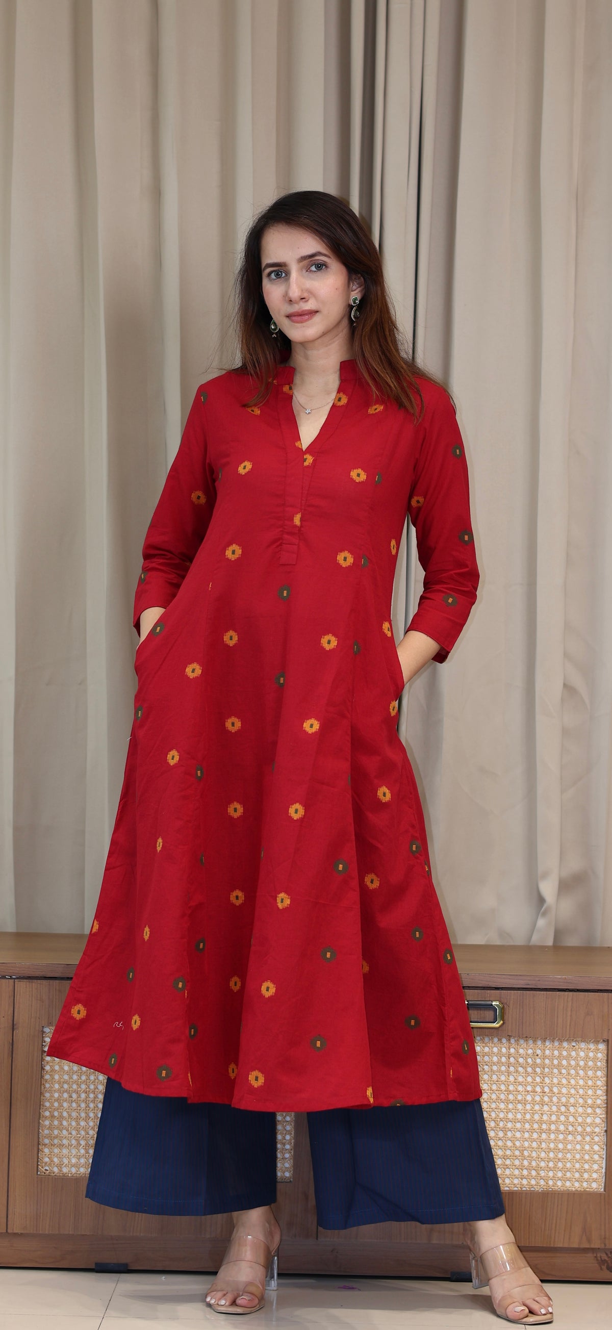 Spiti Handwoven Cotton Kurta- Red/Blue
