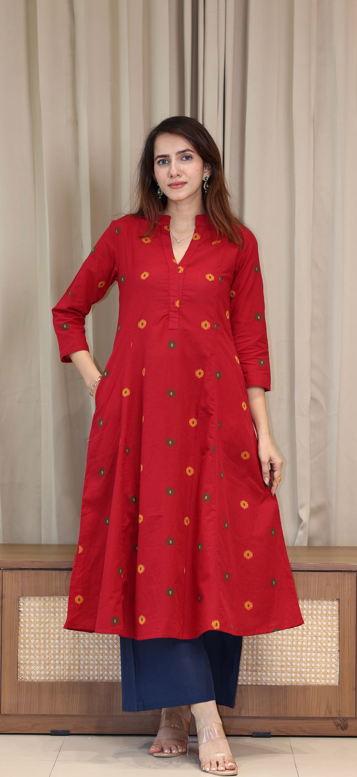 Spiti Handwoven Cotton Kurta- Red/Blue