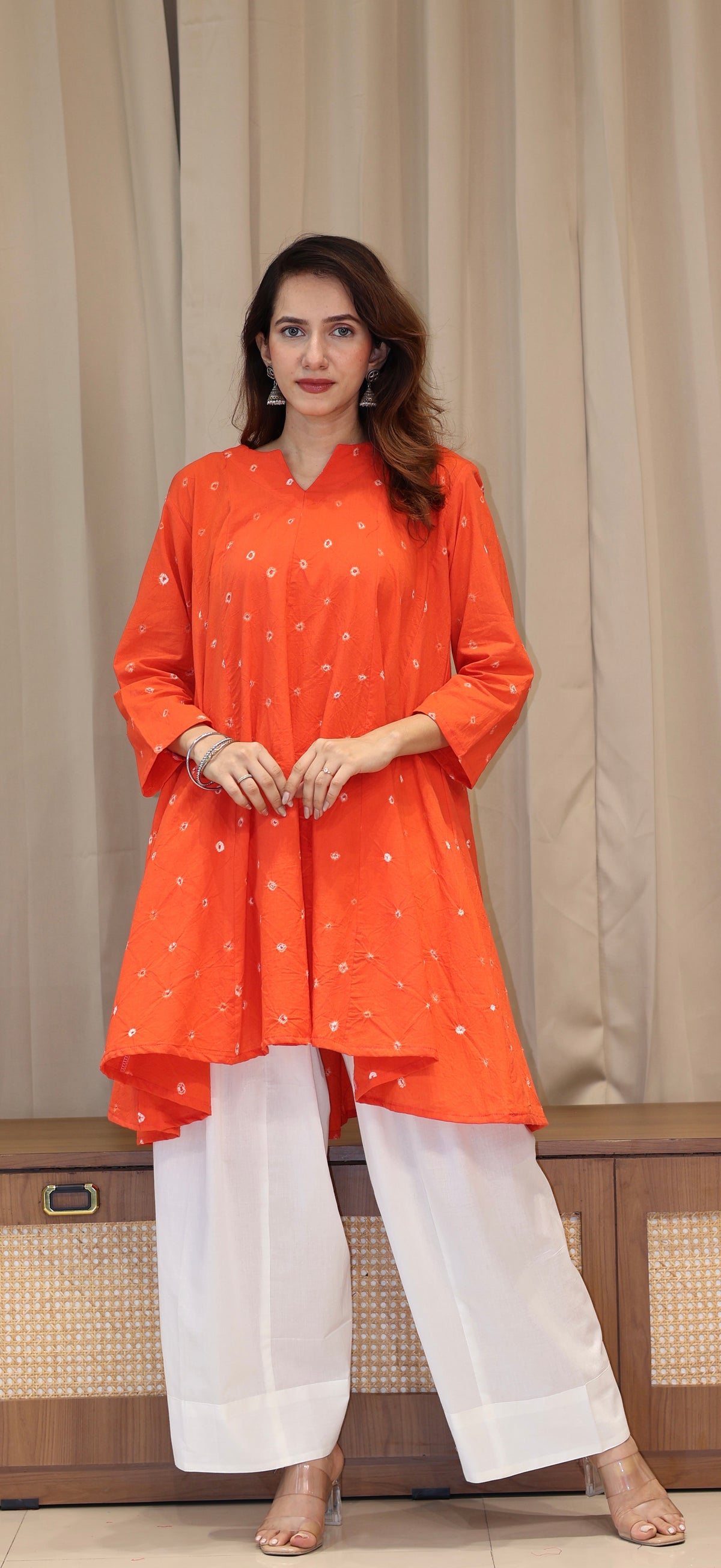 Orange Bandhani Pure Cotton Kali Kurta