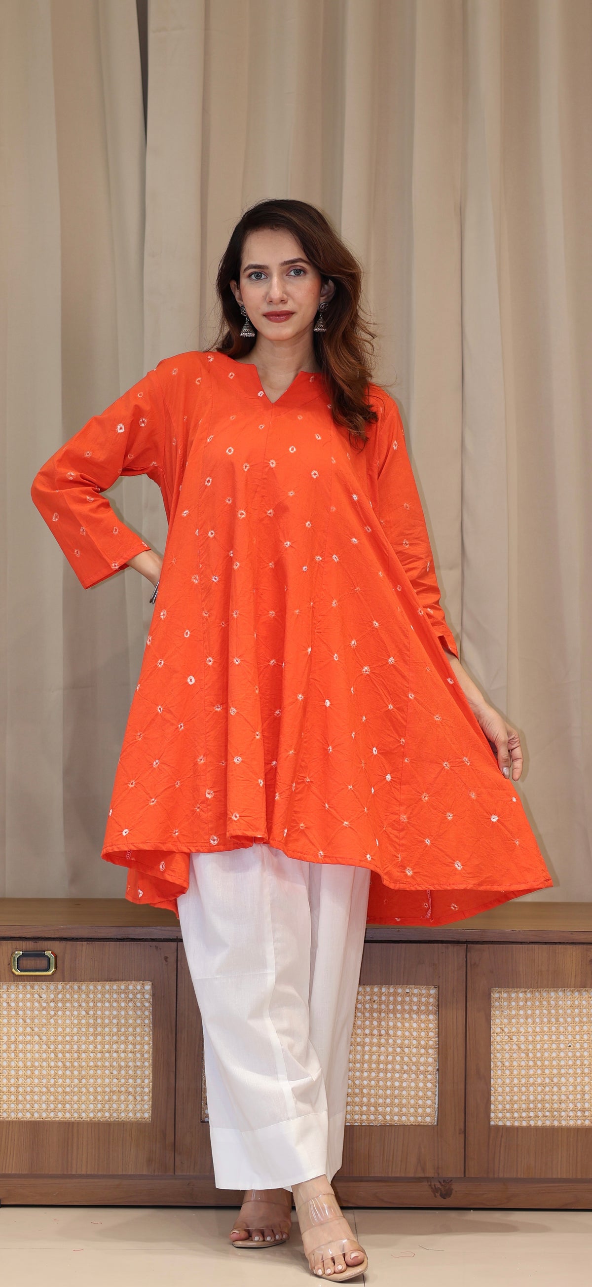 Orange Bandhani Pure Cotton Kali Kurta
