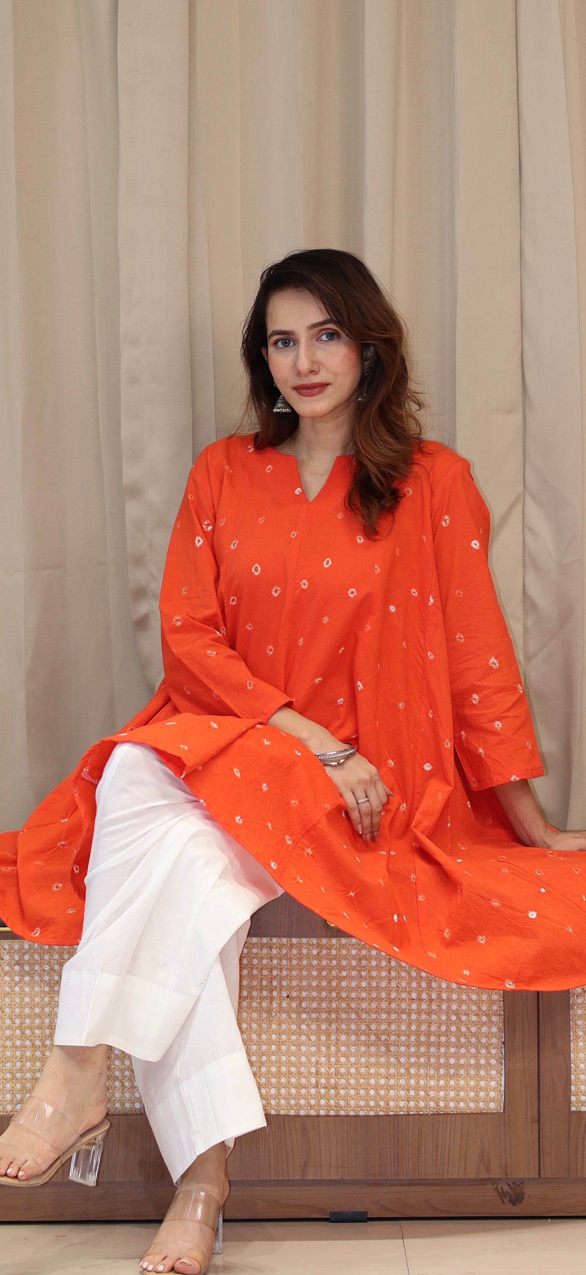 Orange Bandhani Pure Cotton Kali Kurta