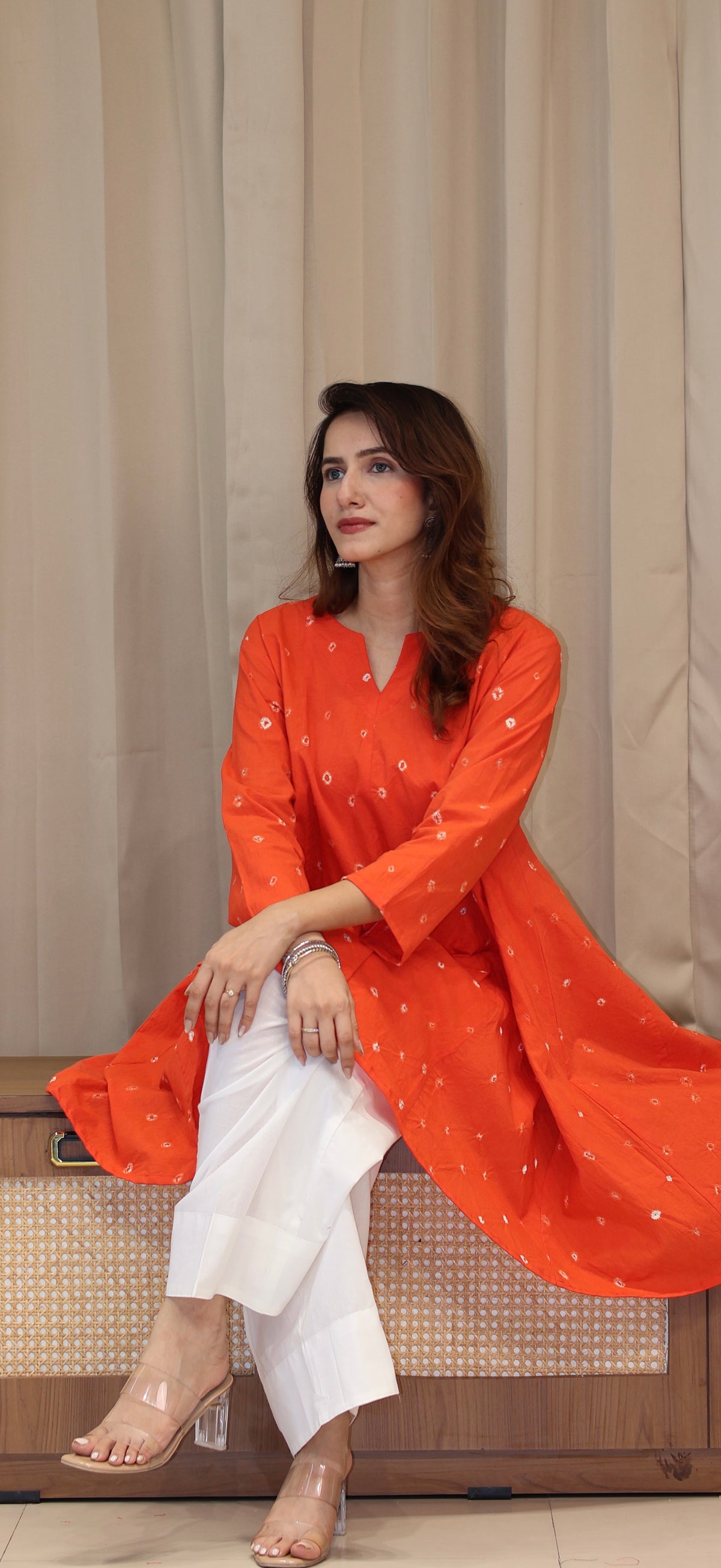 Orange Bandhani Pure Cotton Kali Kurta