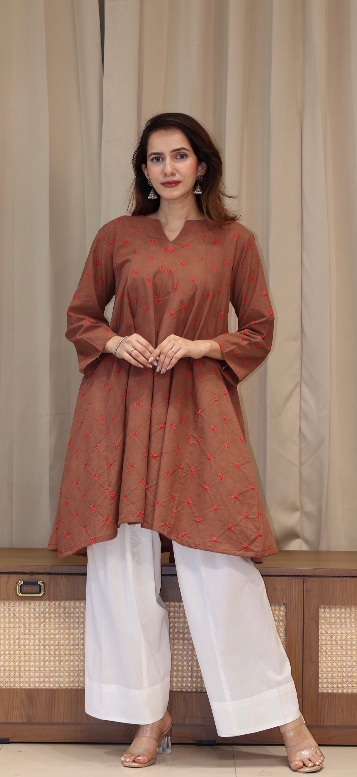 Brown-Red Bandhani Pure Cotton Kali Kurta