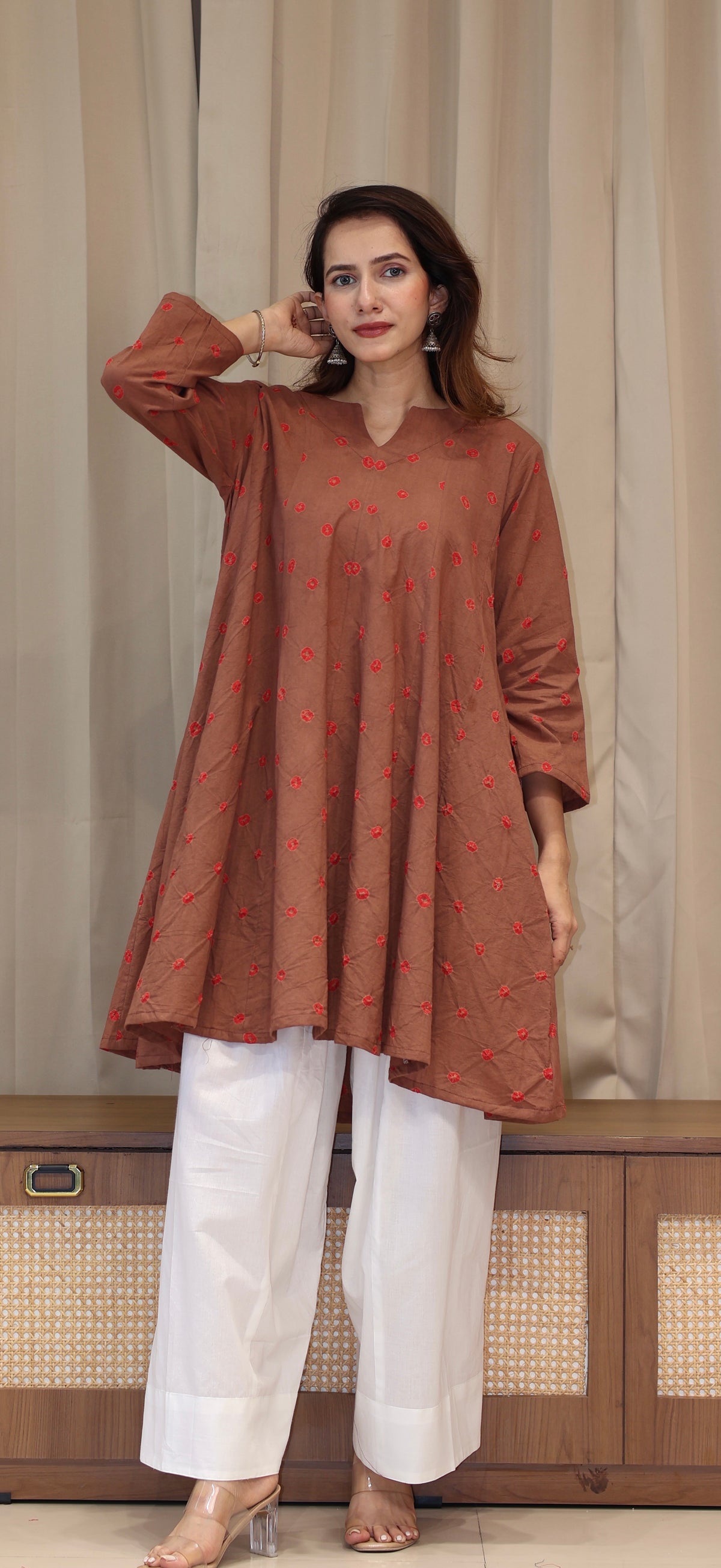 Brown-Red Bandhani Pure Cotton Kali Kurta