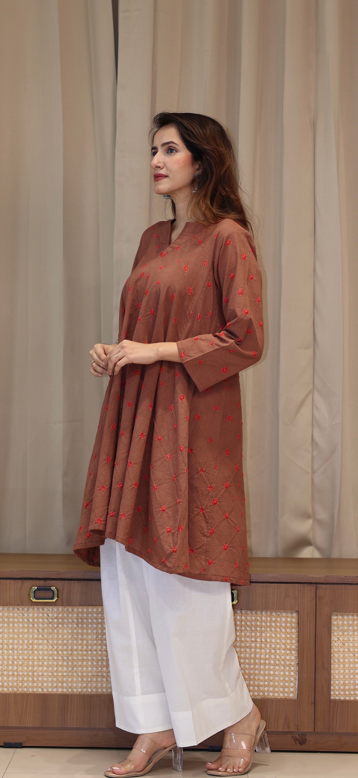 Brown-Red Bandhani Pure Cotton Kali Kurta