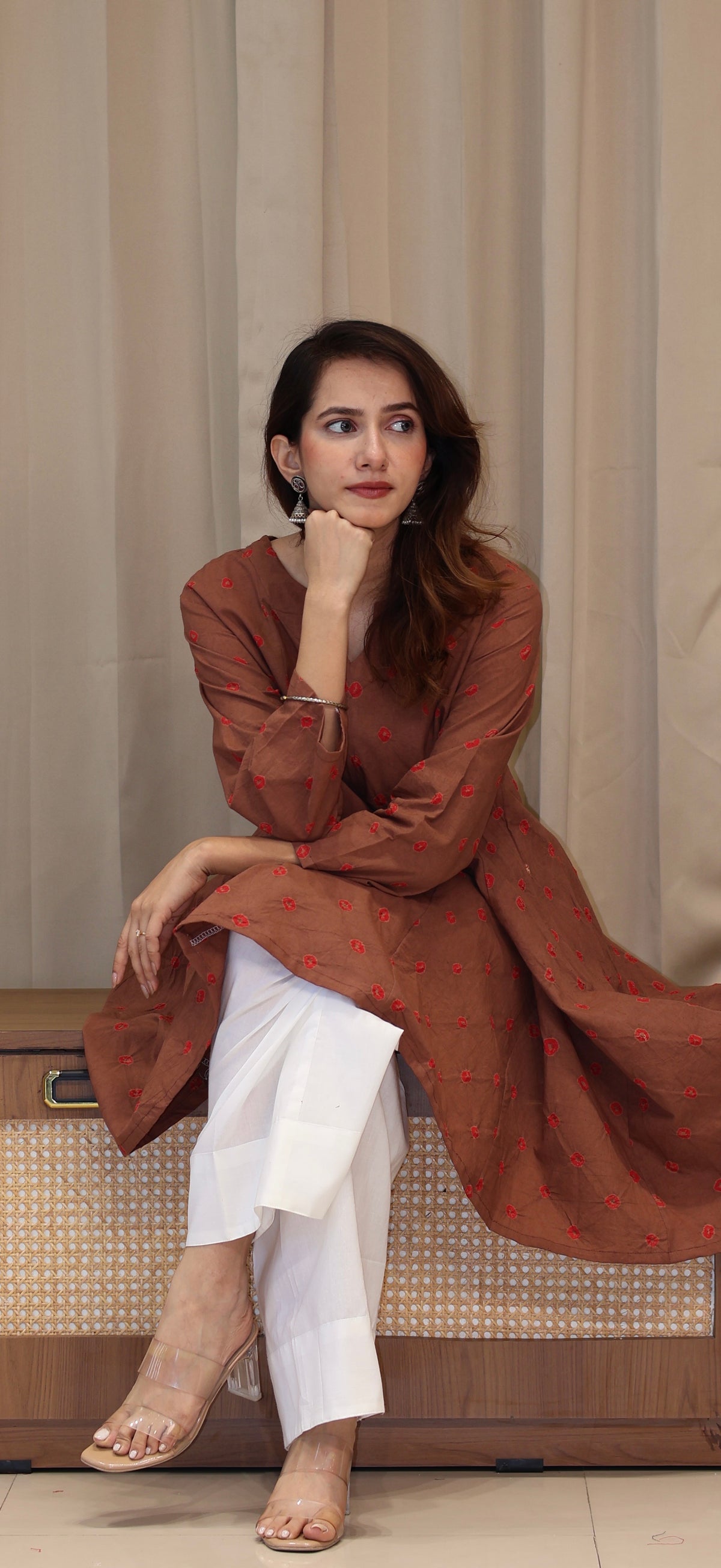 Brown-Red Bandhani Pure Cotton Kali Kurta