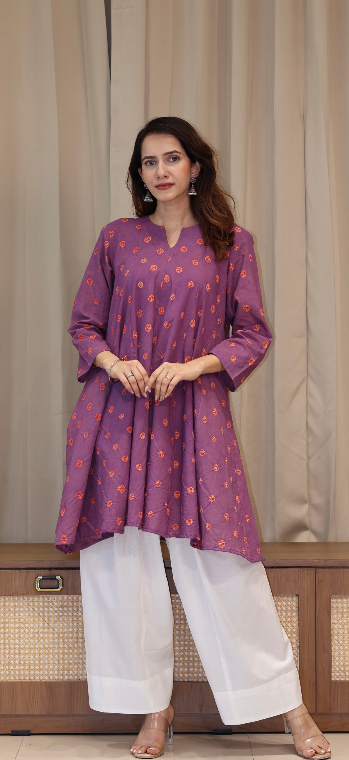 Wine-Red Bandhani Pure Cotton Kali Kurta