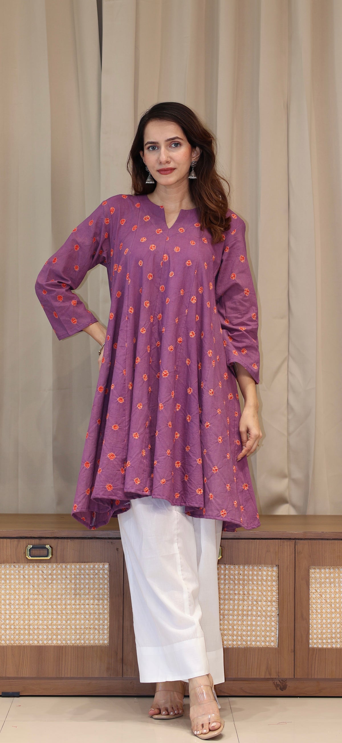 Wine-Red Bandhani Pure Cotton Kali Kurta