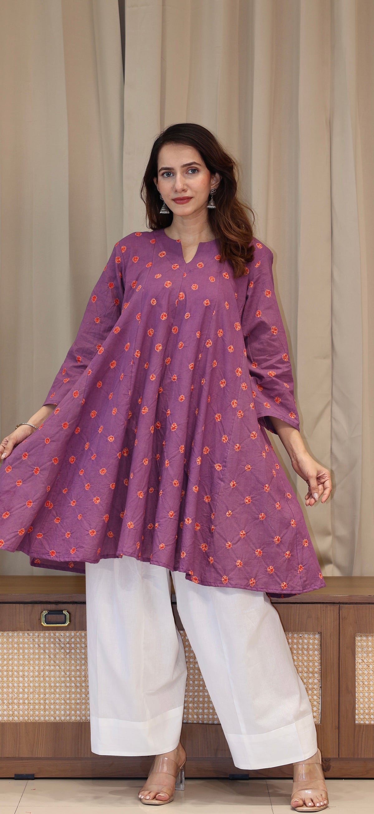 Wine-Red Bandhani Pure Cotton Kali Kurta