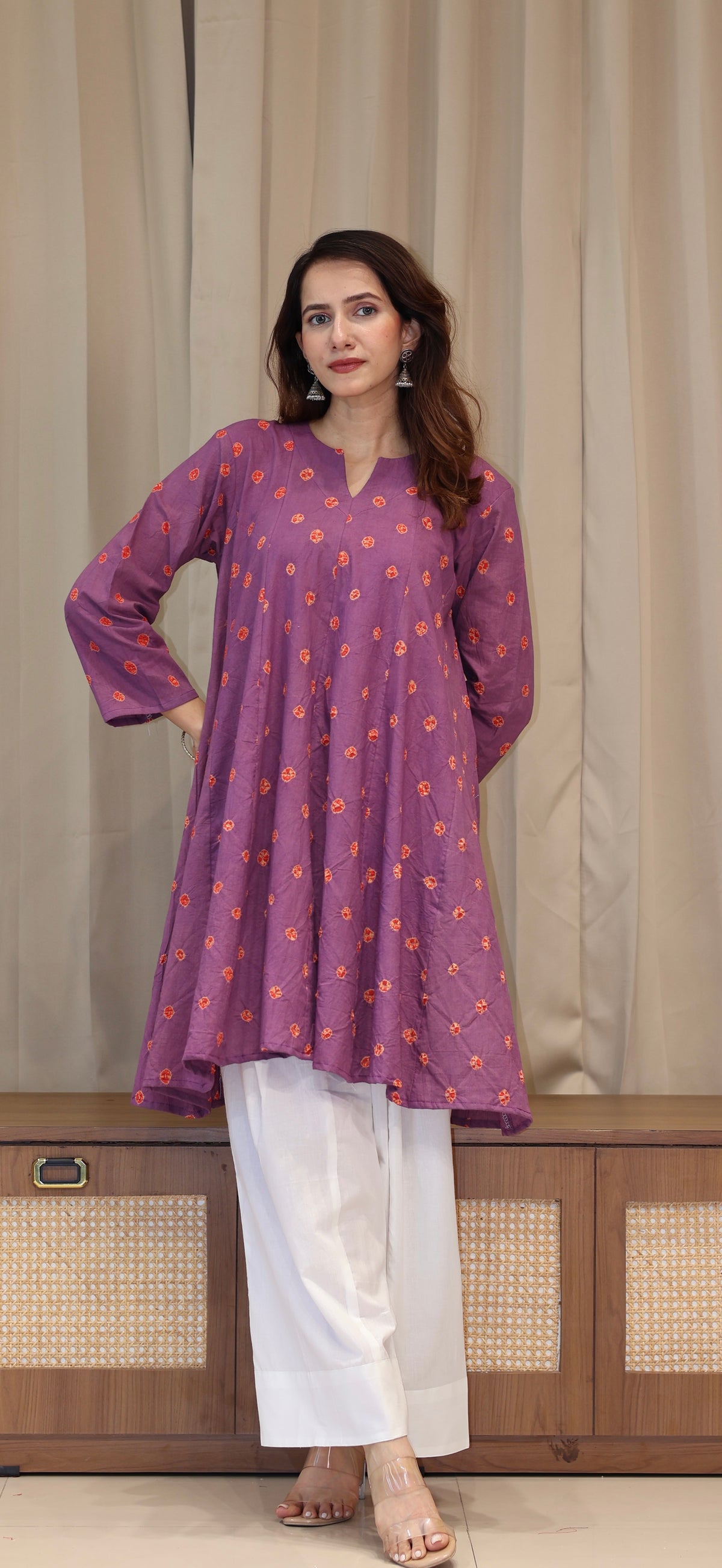 Wine-Red Bandhani Pure Cotton Kali Kurta