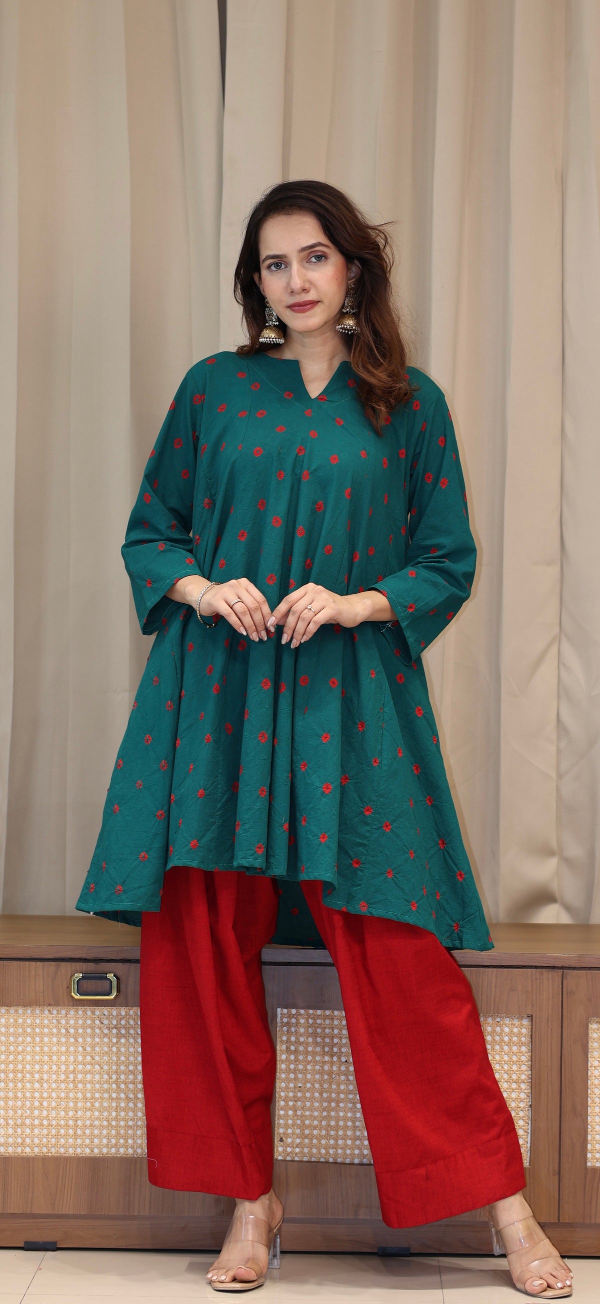 Green-Red Bandhani Pure Cotton Kali Kurta