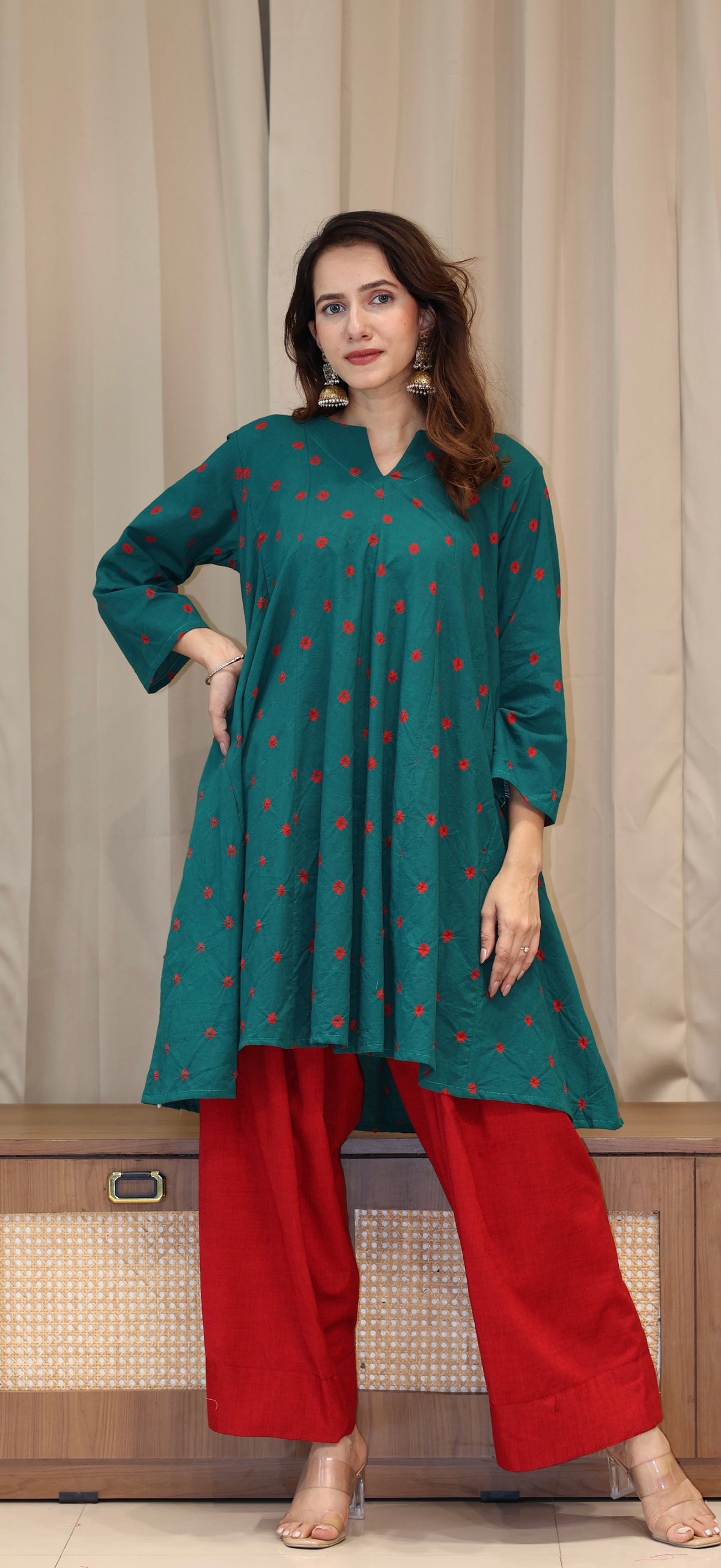 Green-Red Bandhani Pure Cotton Kali Kurta
