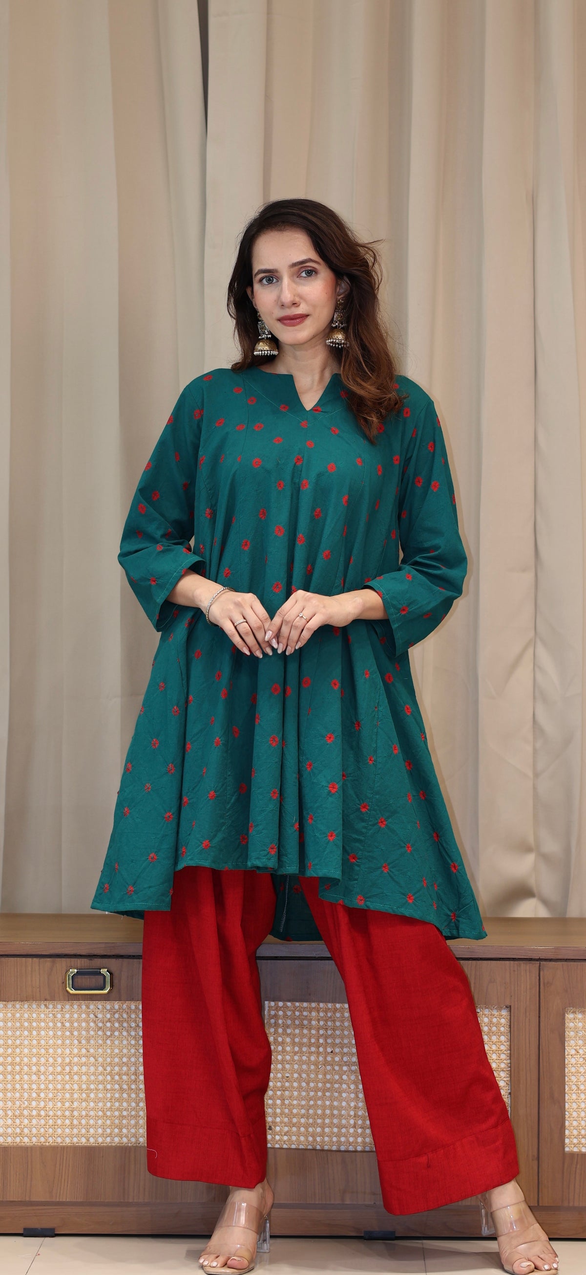Green-Red Bandhani Pure Cotton Kali Kurta