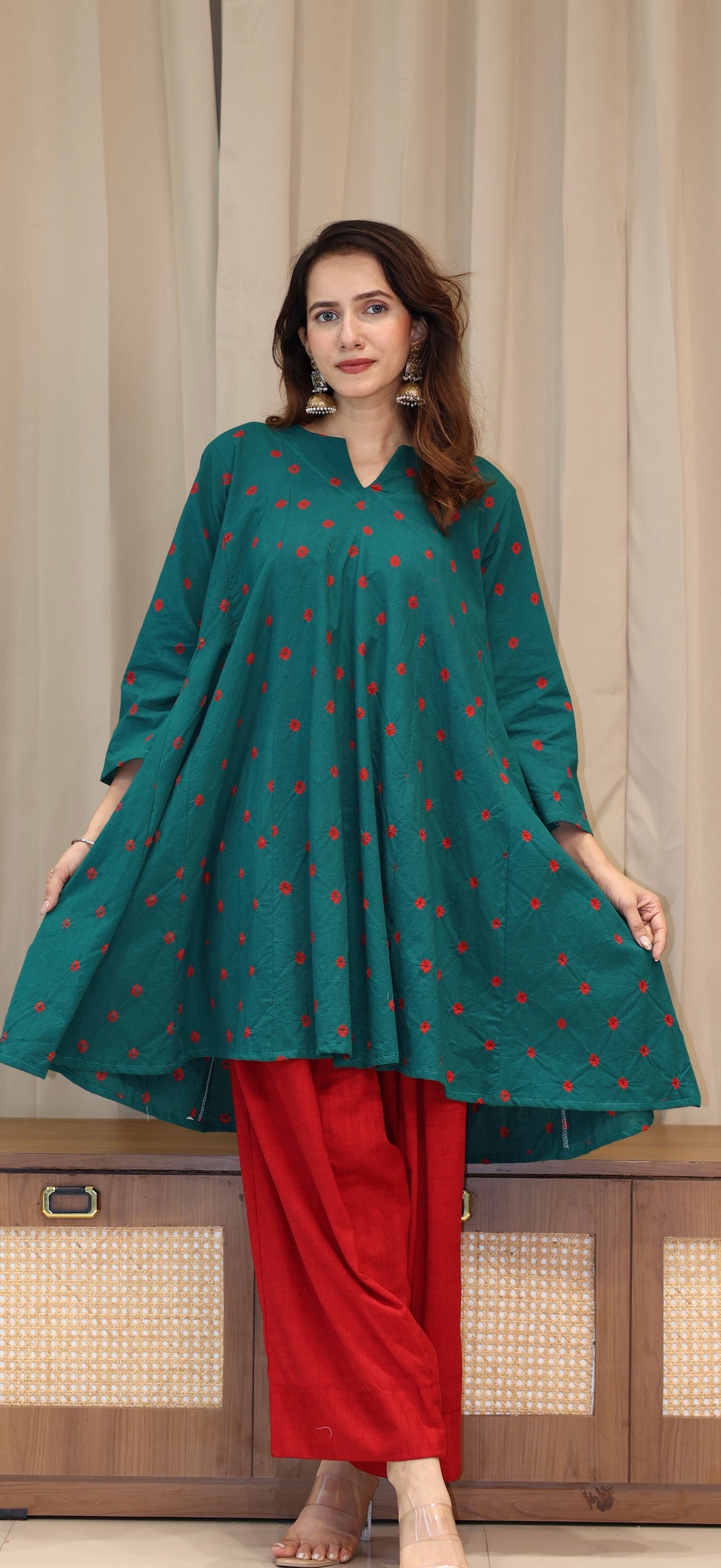Green-Red Bandhani Pure Cotton Kali Kurta