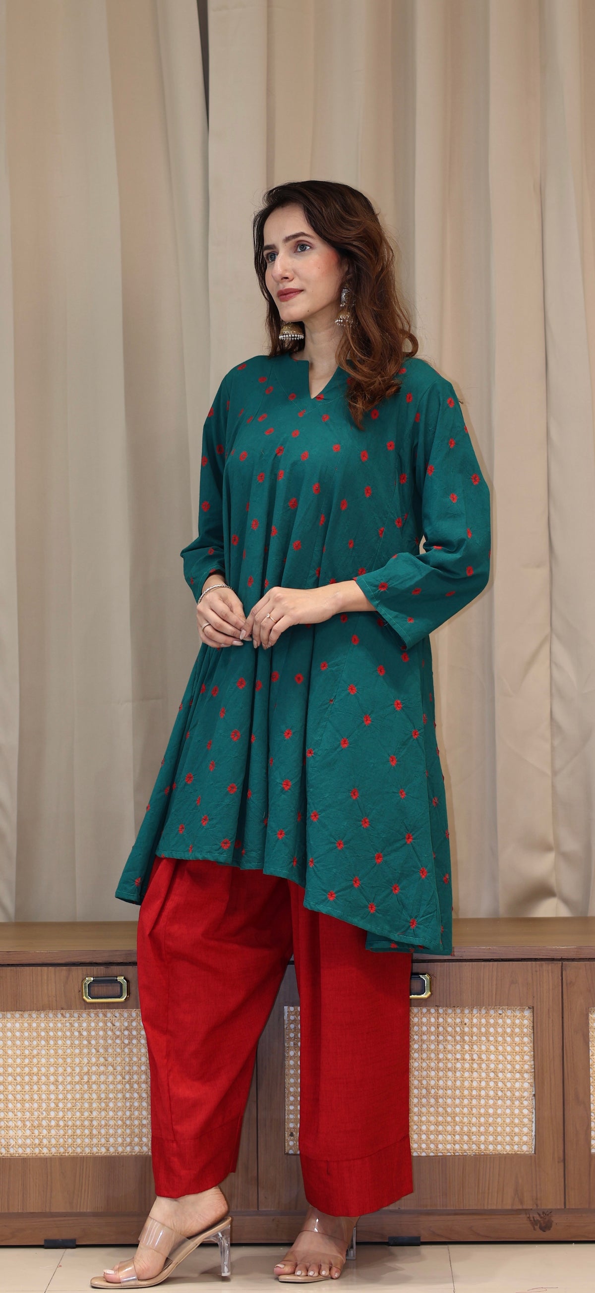 Green-Red Bandhani Pure Cotton Kali Kurta