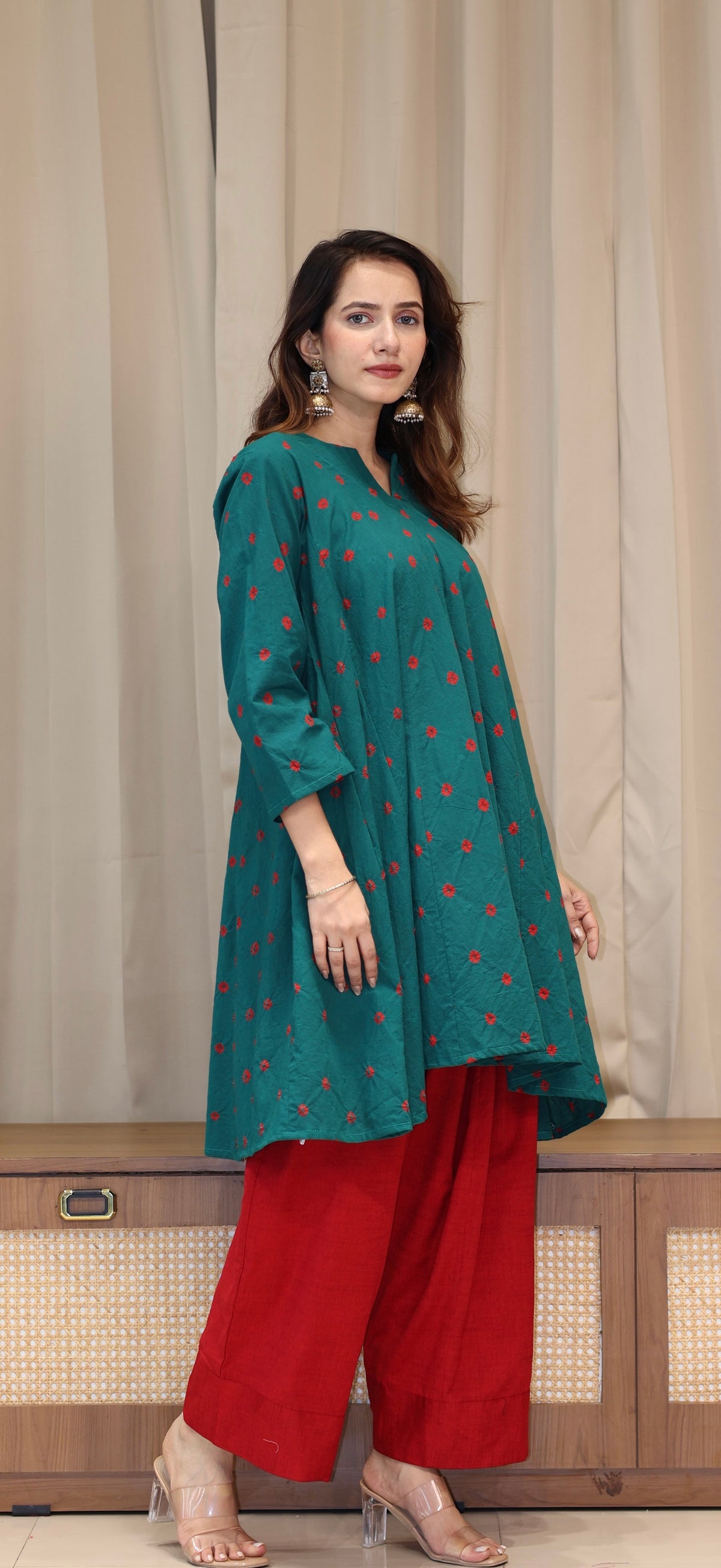 Green-Red Bandhani Pure Cotton Kali Kurta