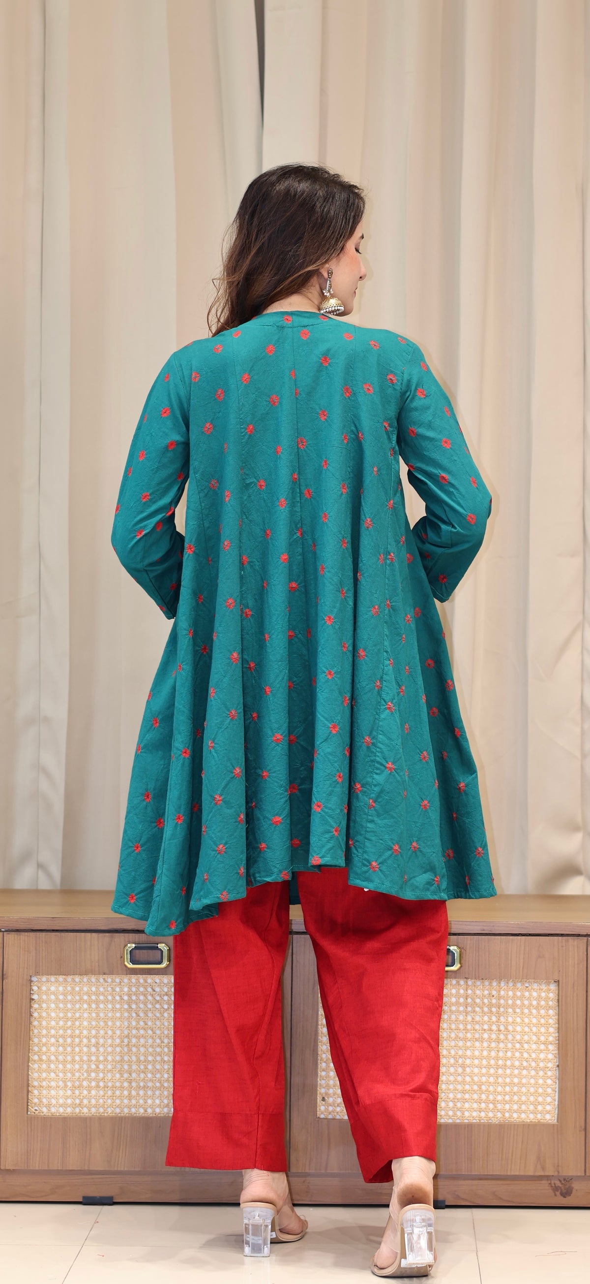 Green-Red Bandhani Pure Cotton Kali Kurta