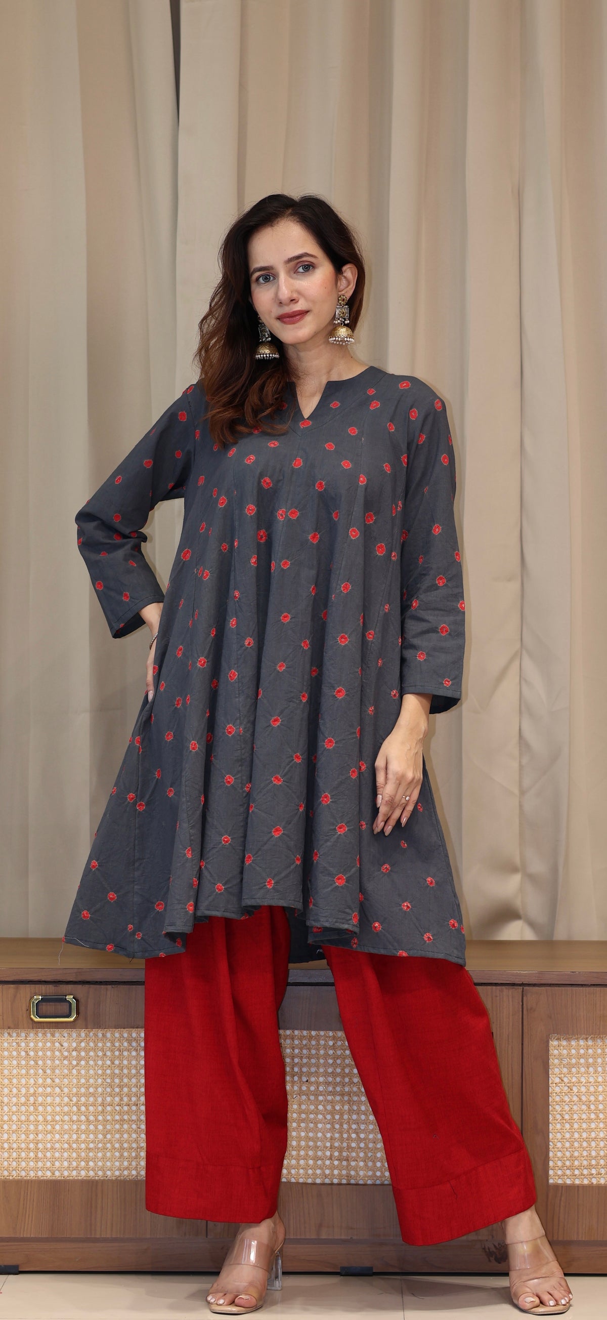 Grey-Red Bandhani Pure Cotton Kali Kurta