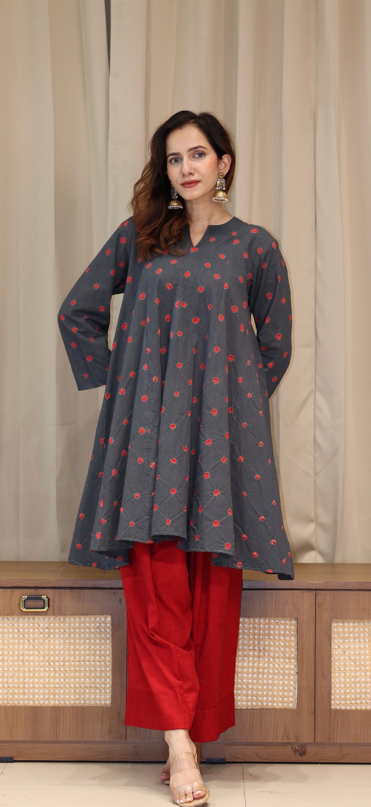 Grey-Red Bandhani Pure Cotton Kali Kurta