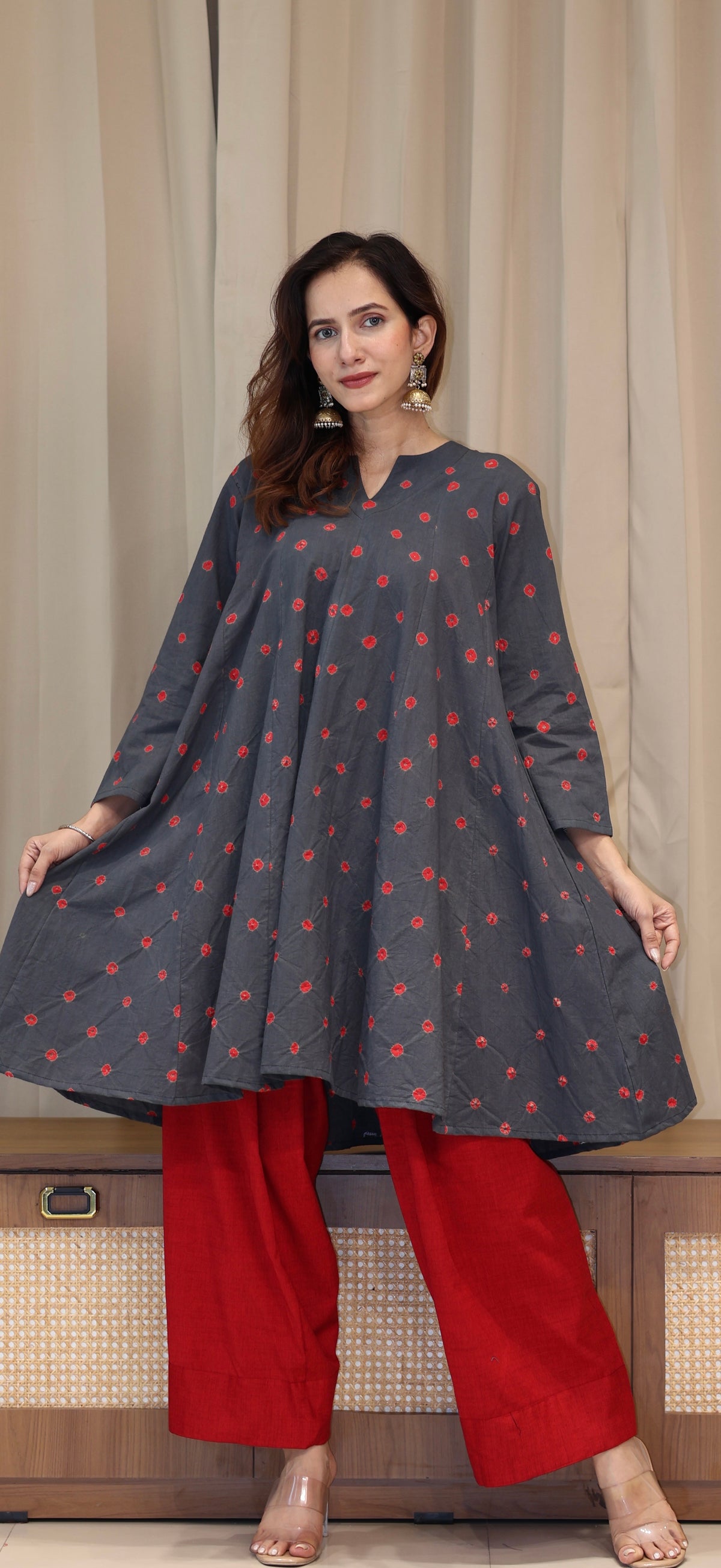 Grey-Red Bandhani Pure Cotton Kali Kurta
