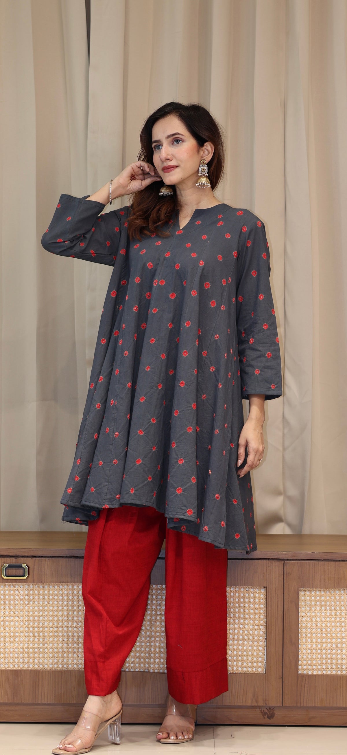 Grey-Red Bandhani Pure Cotton Kali Kurta
