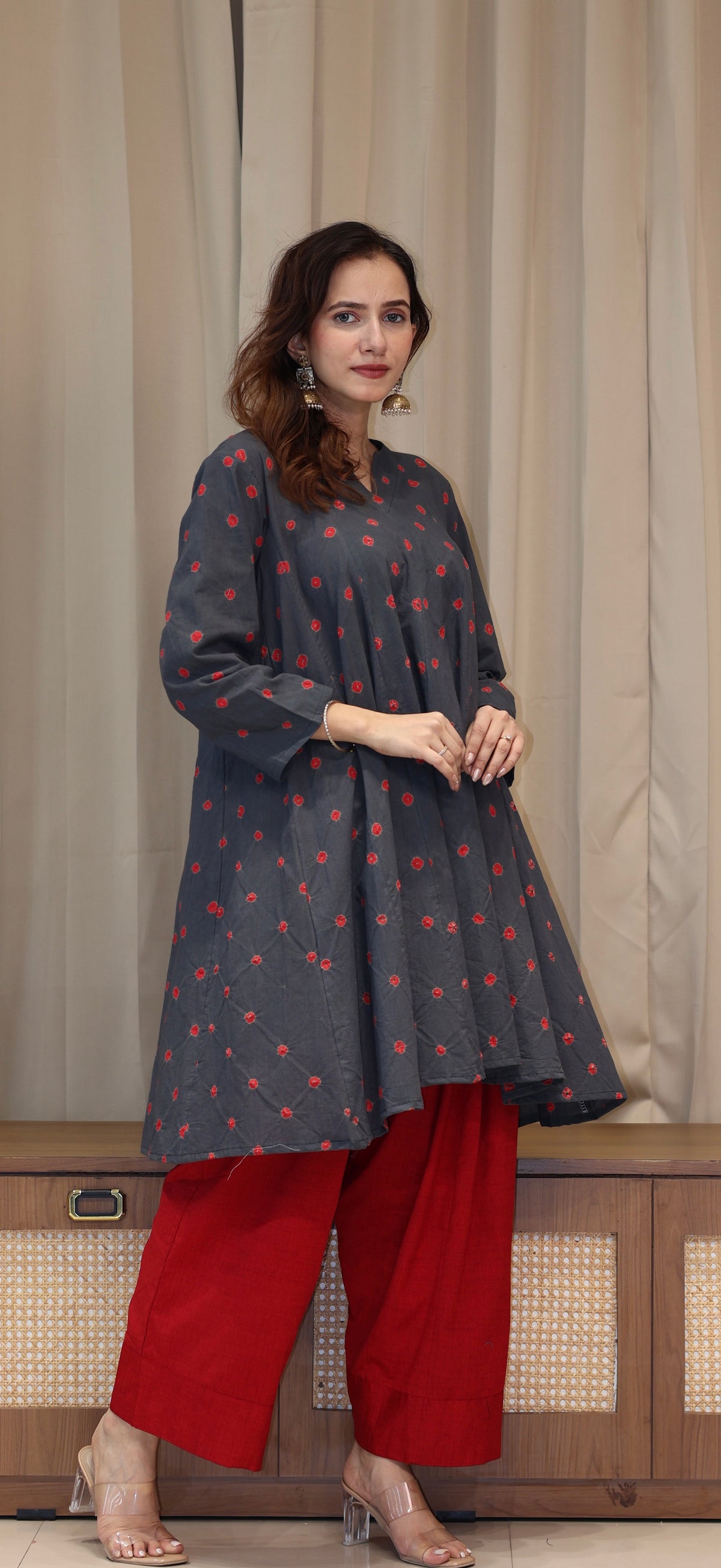 Grey-Red Bandhani Pure Cotton Kali Kurta