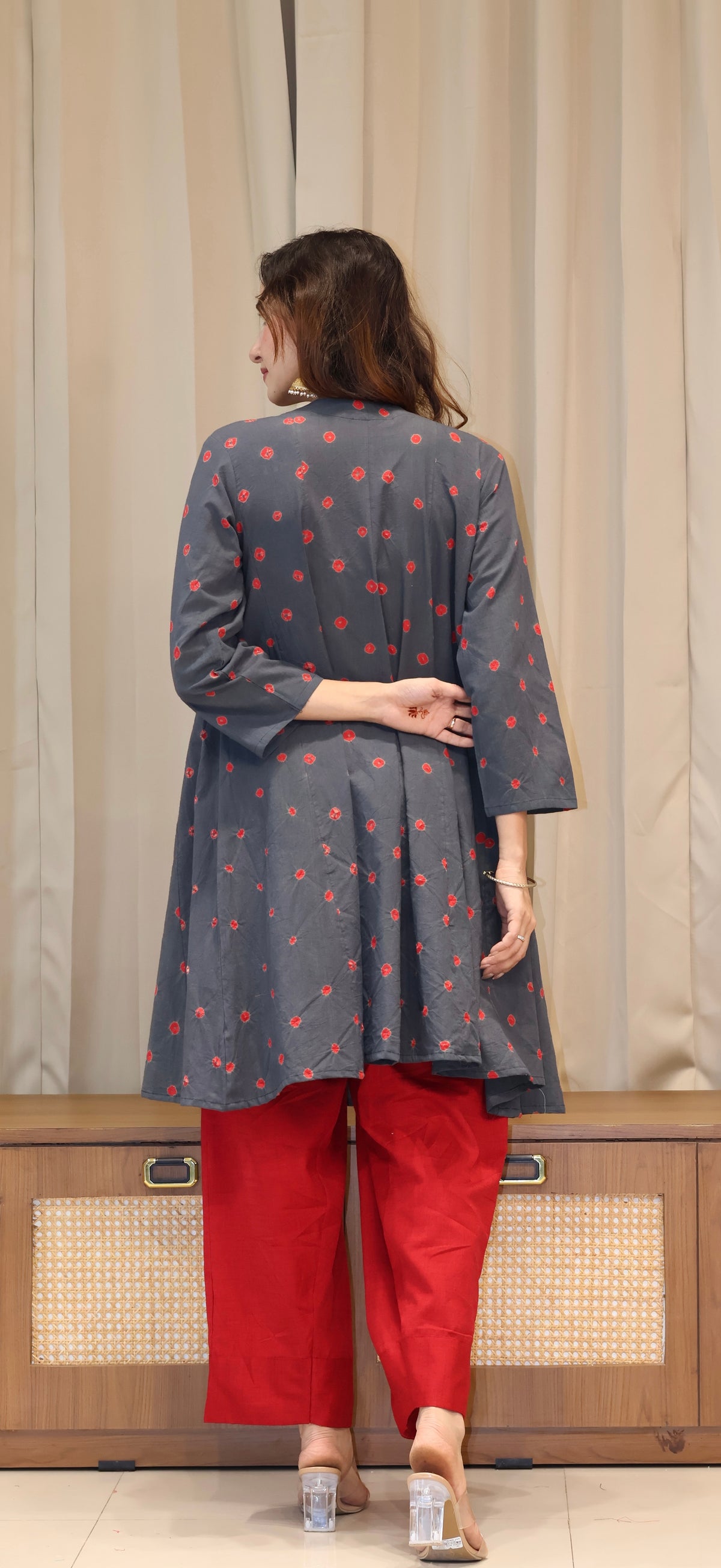 Grey-Red Bandhani Pure Cotton Kali Kurta
