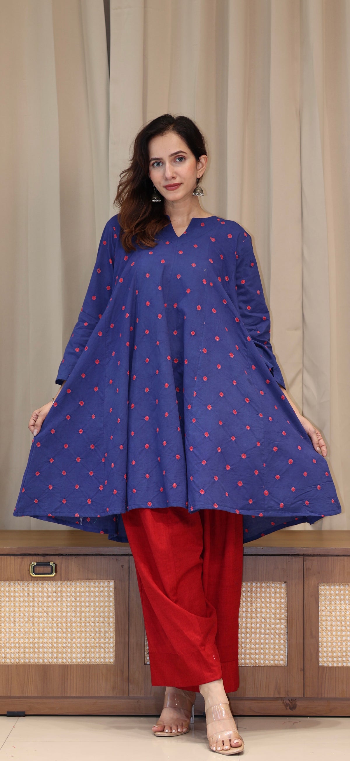 Blue-Red Bandhani Pure Cotton Kali Kurta