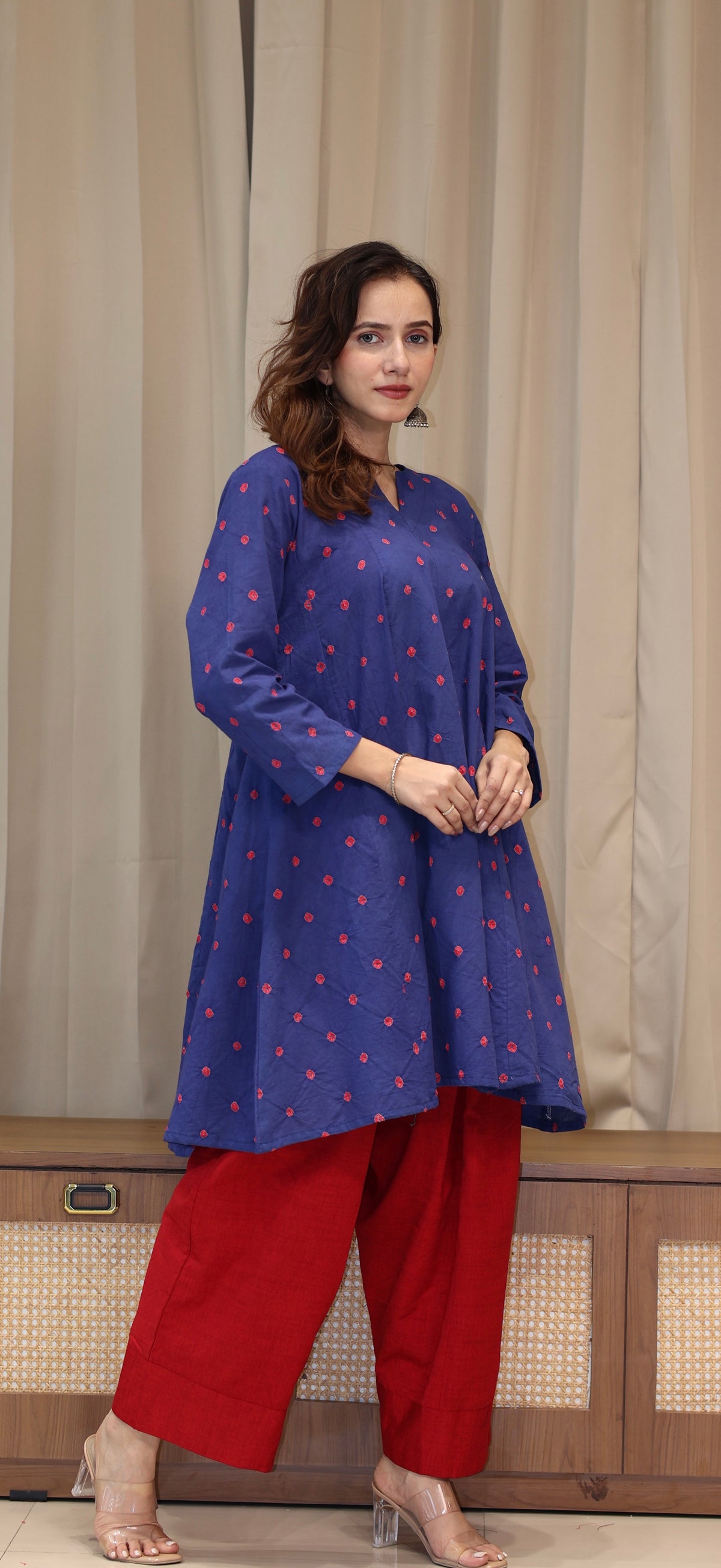 Blue-Red Bandhani Pure Cotton Kali Kurta