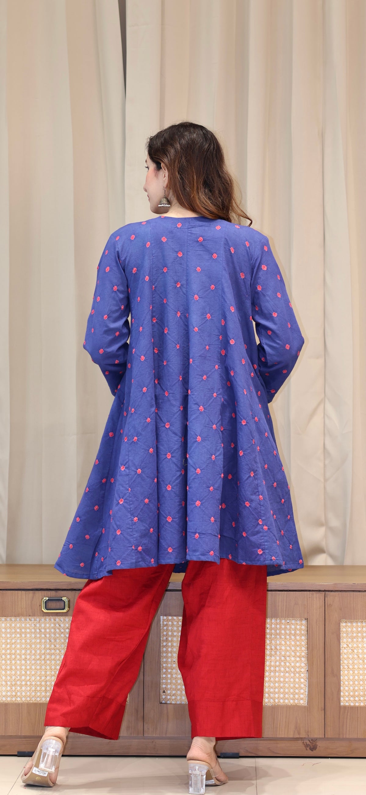 Blue-Red Bandhani Pure Cotton Kali Kurta