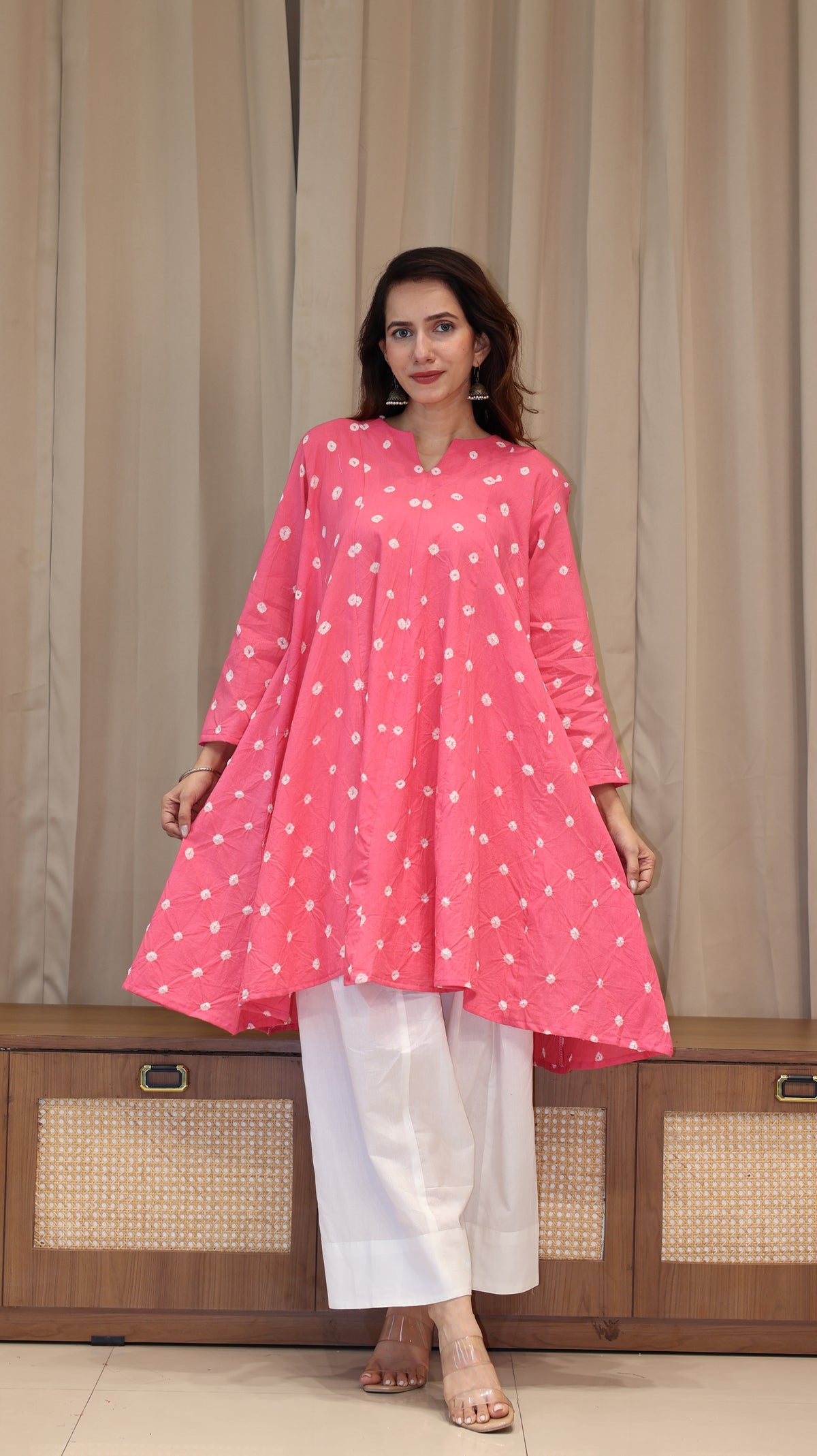 Baby Pink Bandhani Pure Cotton Kali Kurta